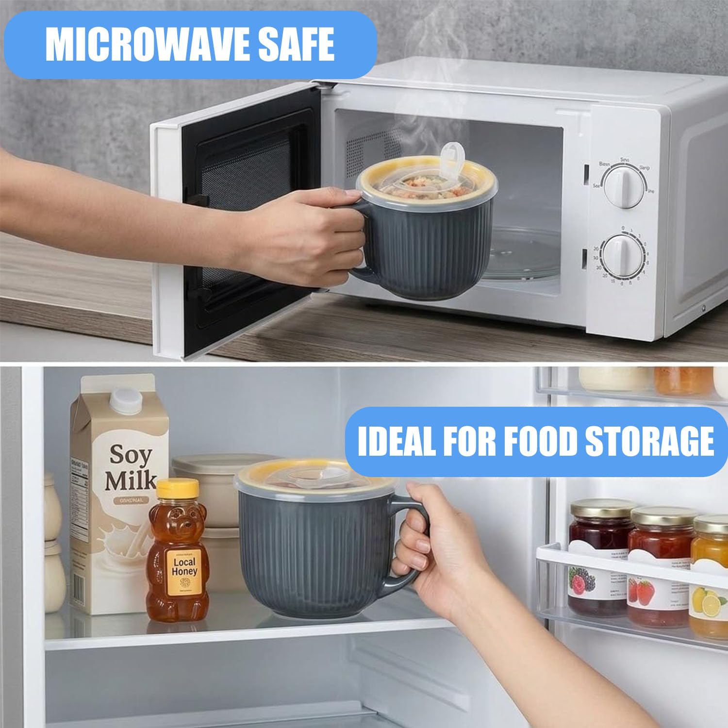 900ML Keramik Suppenschüssel Mit Henkel,Ramen Schüssel Mit Deckel,Müslischale Geeignet für Mikrowellen Sterilisatoren,Groß Kaffeetasse/Ramen/XXL Tasse für Heißgetränke(Dunkelgrau)