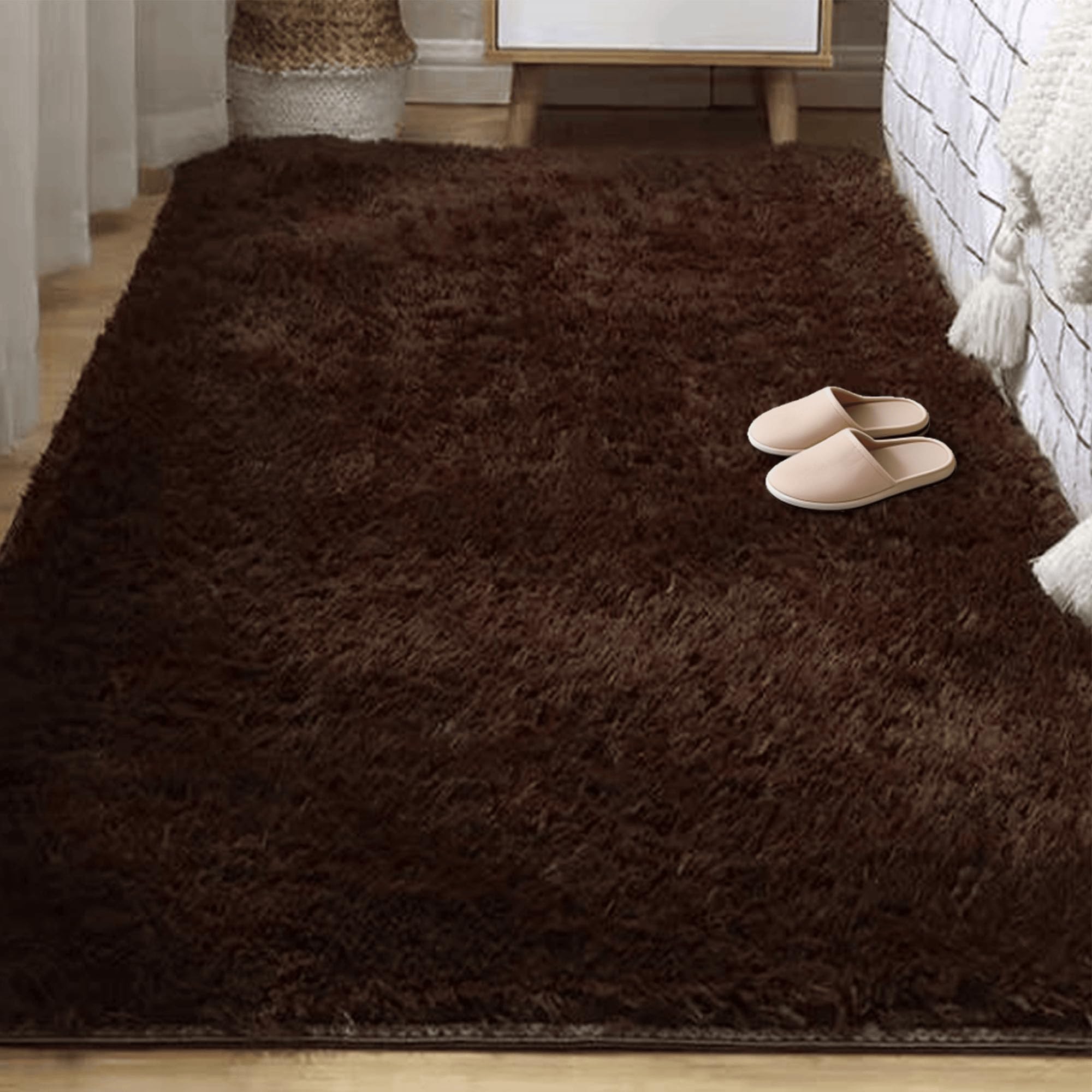 Tapis de salon shaggy lavable et antidérapant à poils longs