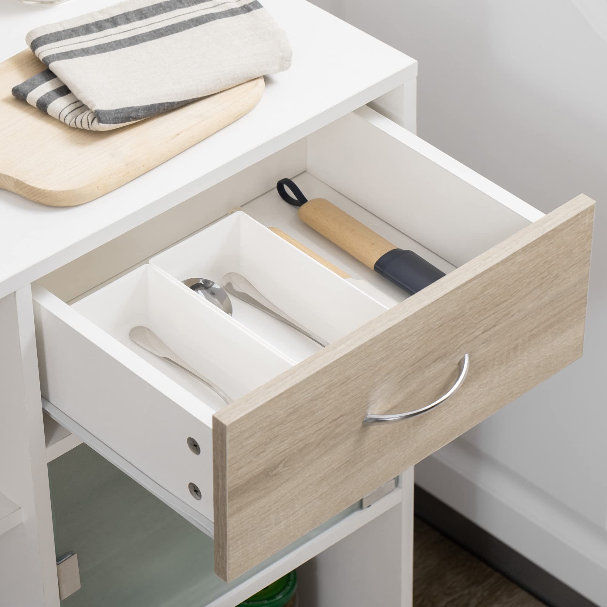 HOMCOM Desserte de Cuisine, Chariot de Service, Roues pivotantes 360°, étagères avec barrières, îlot Central Cuisine, avec tiroir, étagères, Placard, 65 x 39 x 80 cm, Blanc
