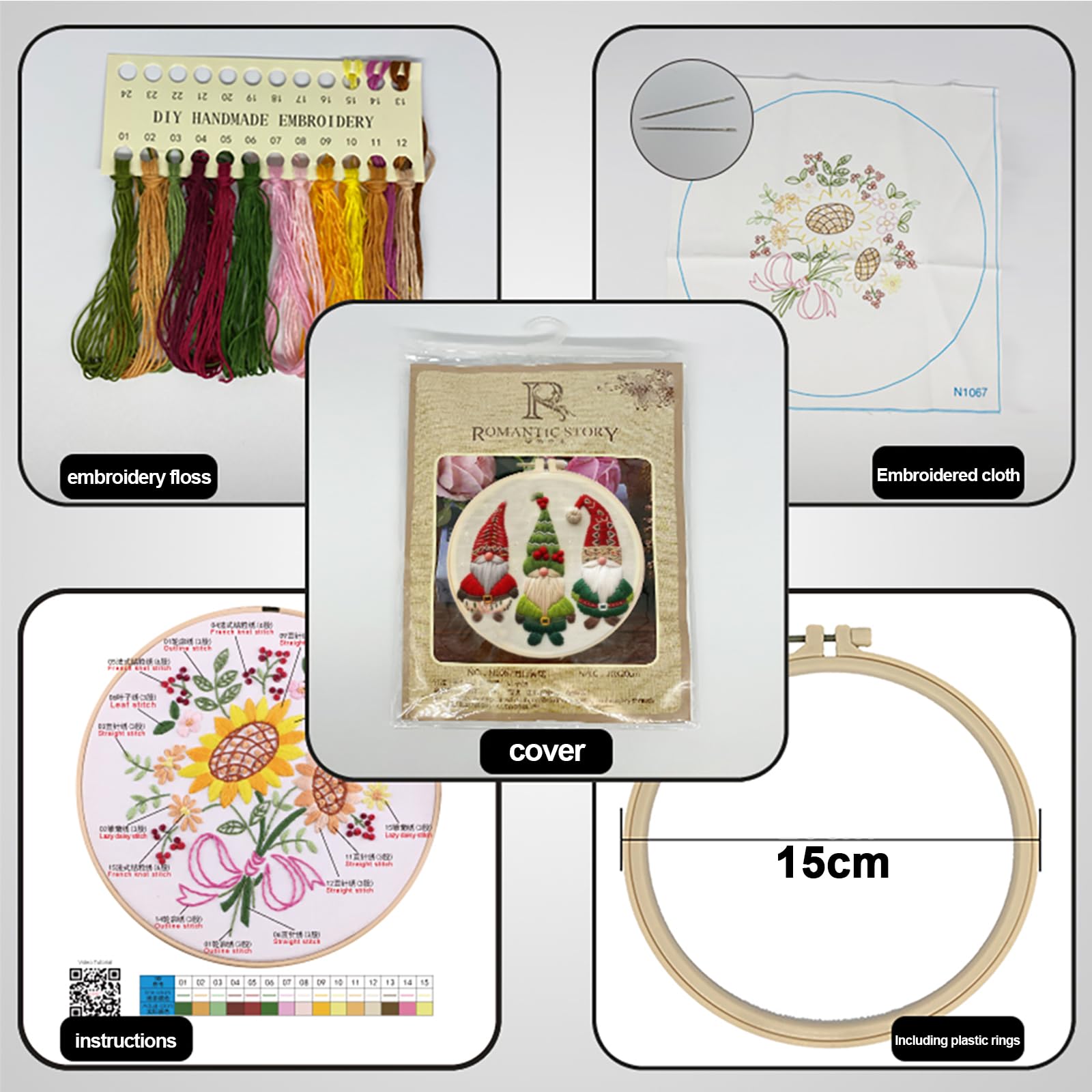 Juego de 4 bordados con diseños navideños – Juego completo para principiantes con marco, agujas, hilos e instrucciones para realizar hermosas artesanías