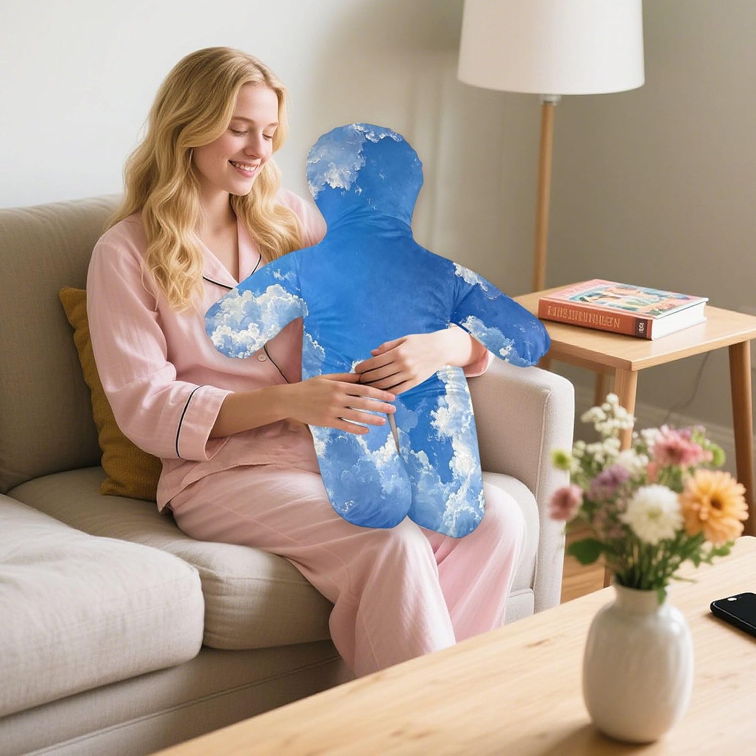 Blue Sky Clouds Human-Shaped Pillow Soft Body Pillows Washable Velvet Pillows for Anxiety Relief Sleeping Cuddling & Support