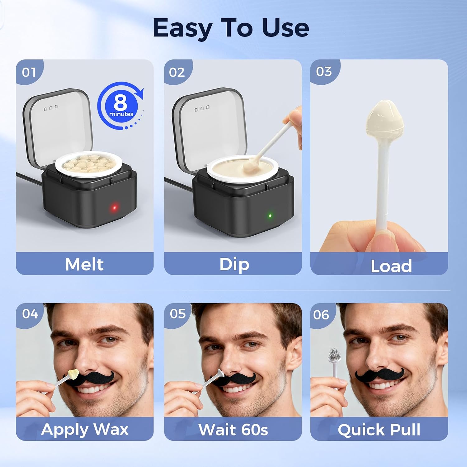 Nose Wax Kit Men: Nose and Ear Hair Removal Kit with Smart Temperature Control & USB C Fast Heating, Nose Hair Wax Kit Includes 100g Hard Wax Beans 20 Sticks & Travel Bag | Lasts up to 7 Weeks 15 Uses