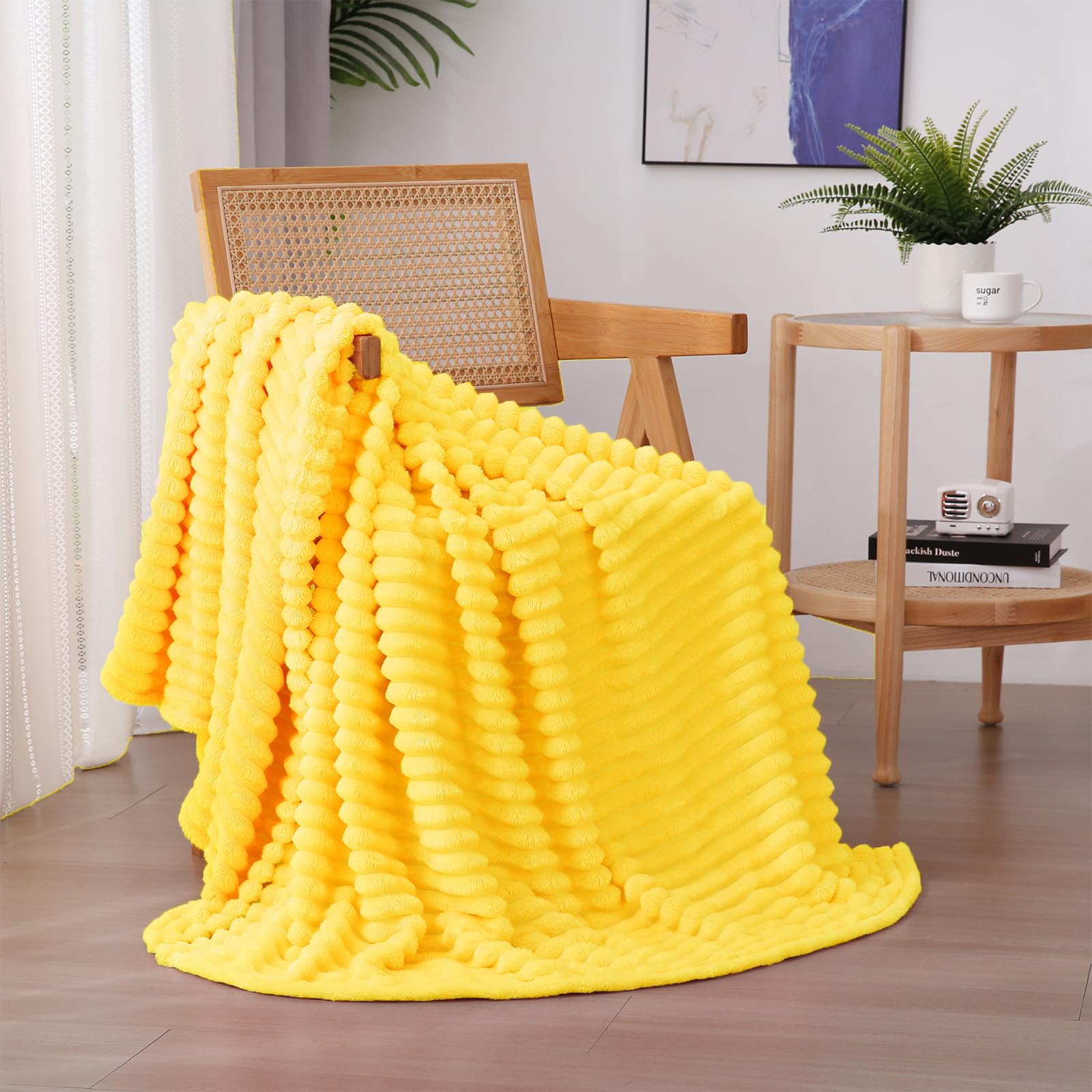 Linecooo Bright Yellow Fleece Throw Blanket 50”×60” for Couch Sofa Bed,Super Soft Cozy Plush Microfiber Flannel Blanket with Stripes Design Lightweight for Adults,Woman,Girls