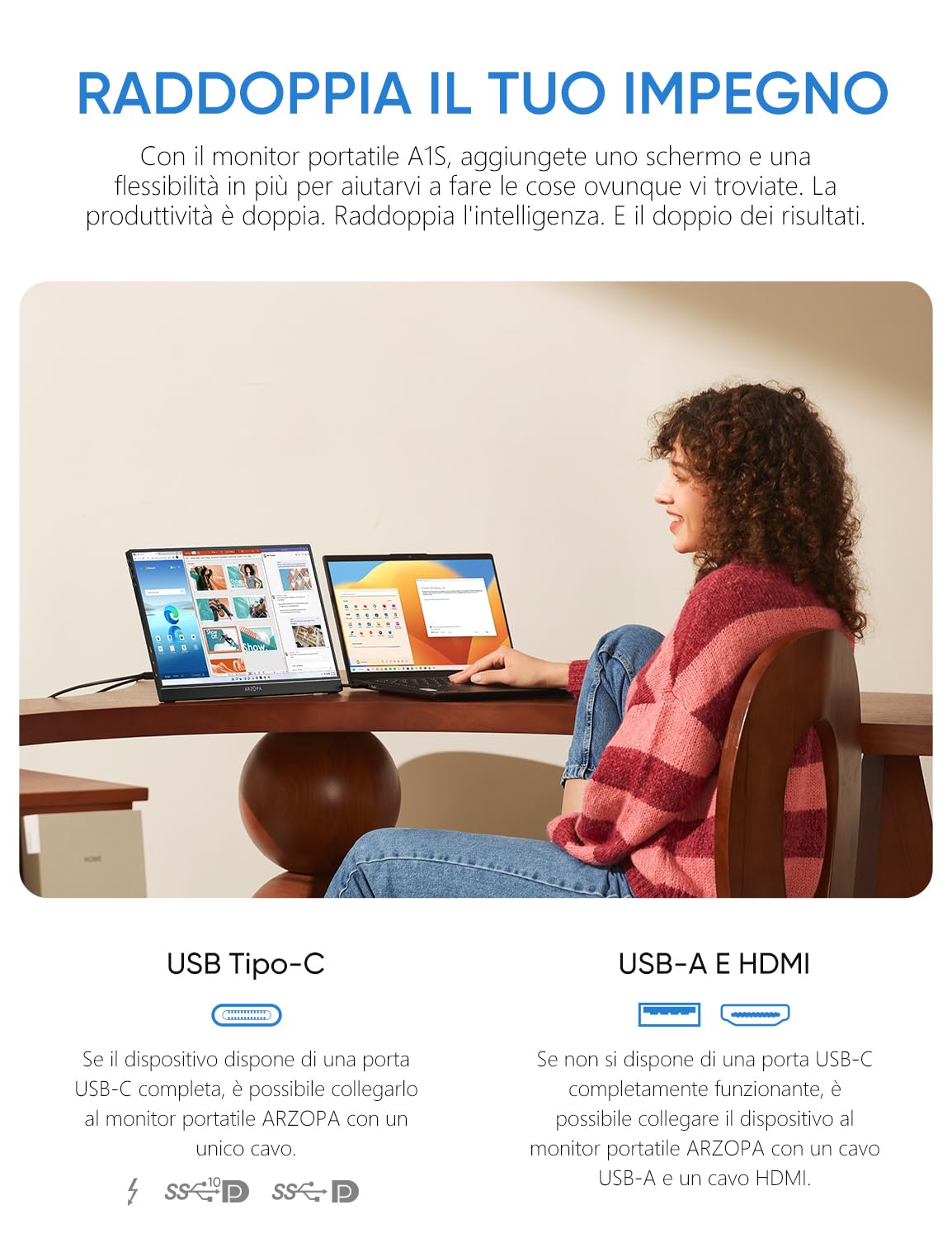 ARZOPA Monitor Portatile, 14,0 Pollici Portable Monitor, 1920x1080 FHD, IPS con HDMI/Type-C/USB-C, Mini Schermo Portatile, Doppio Altoparlante Integrato per laptop/PC/Mac/PS5 /Xbox