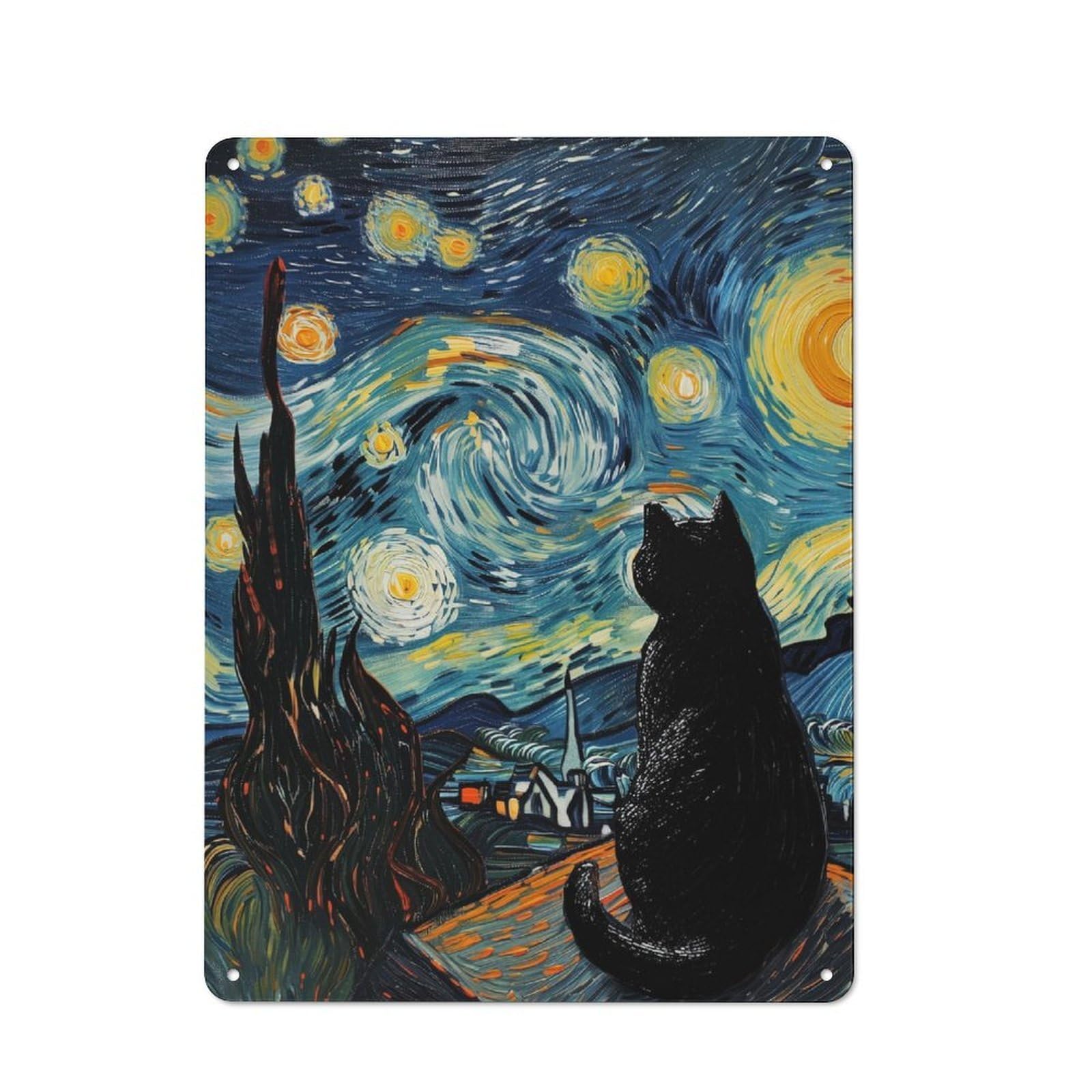 Junmoney Starry Cat Metal Sign 40X30cm With For Hallway Wall, Vintage Decor, For Garage, Workshop And Man Cave Decoration