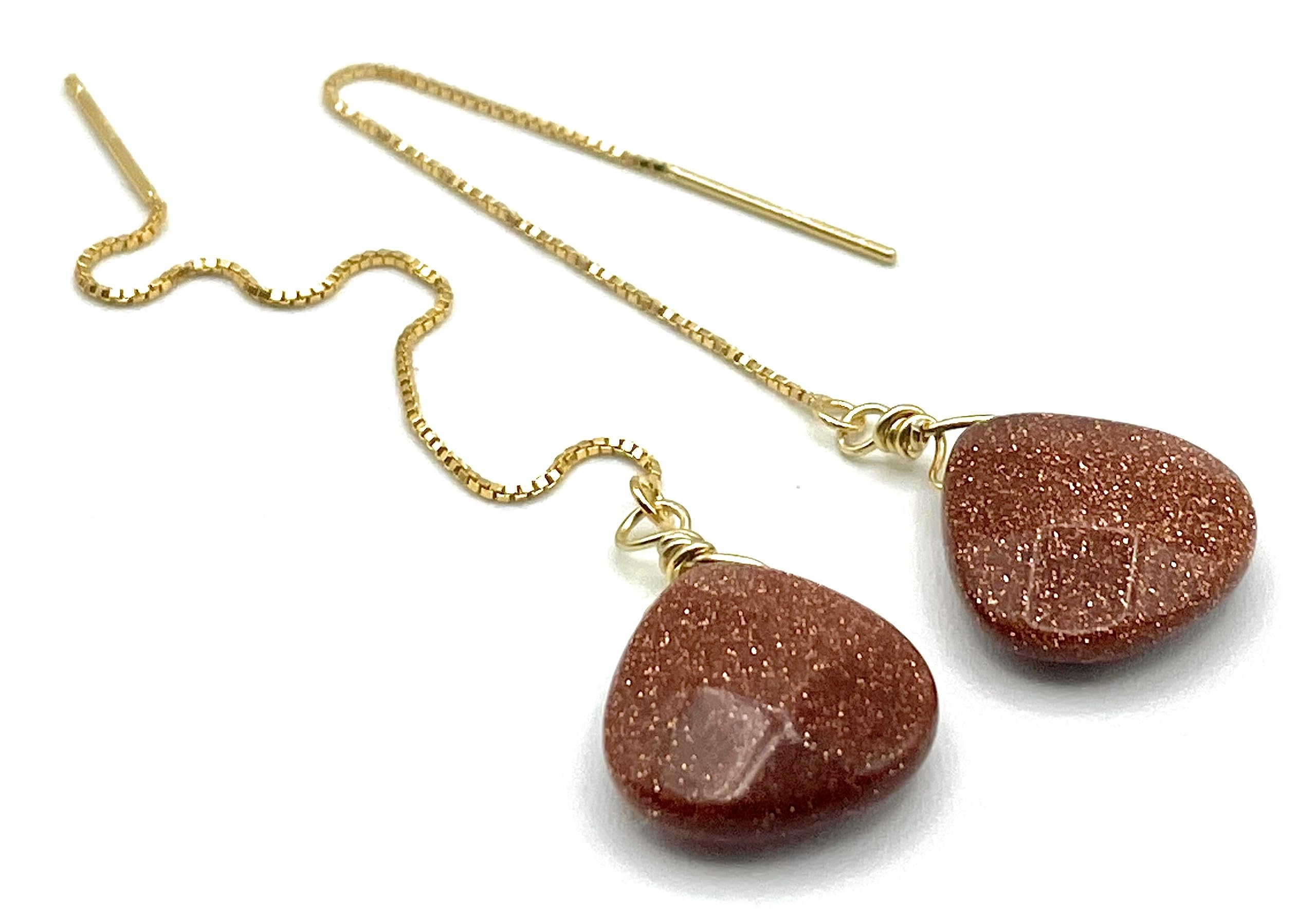 Pendientes Largos de Plata 925 Dorada 24 K y Goldstone, Joyas Minimalistas, Estilo Contemporaneo. Regalo para Mujer
