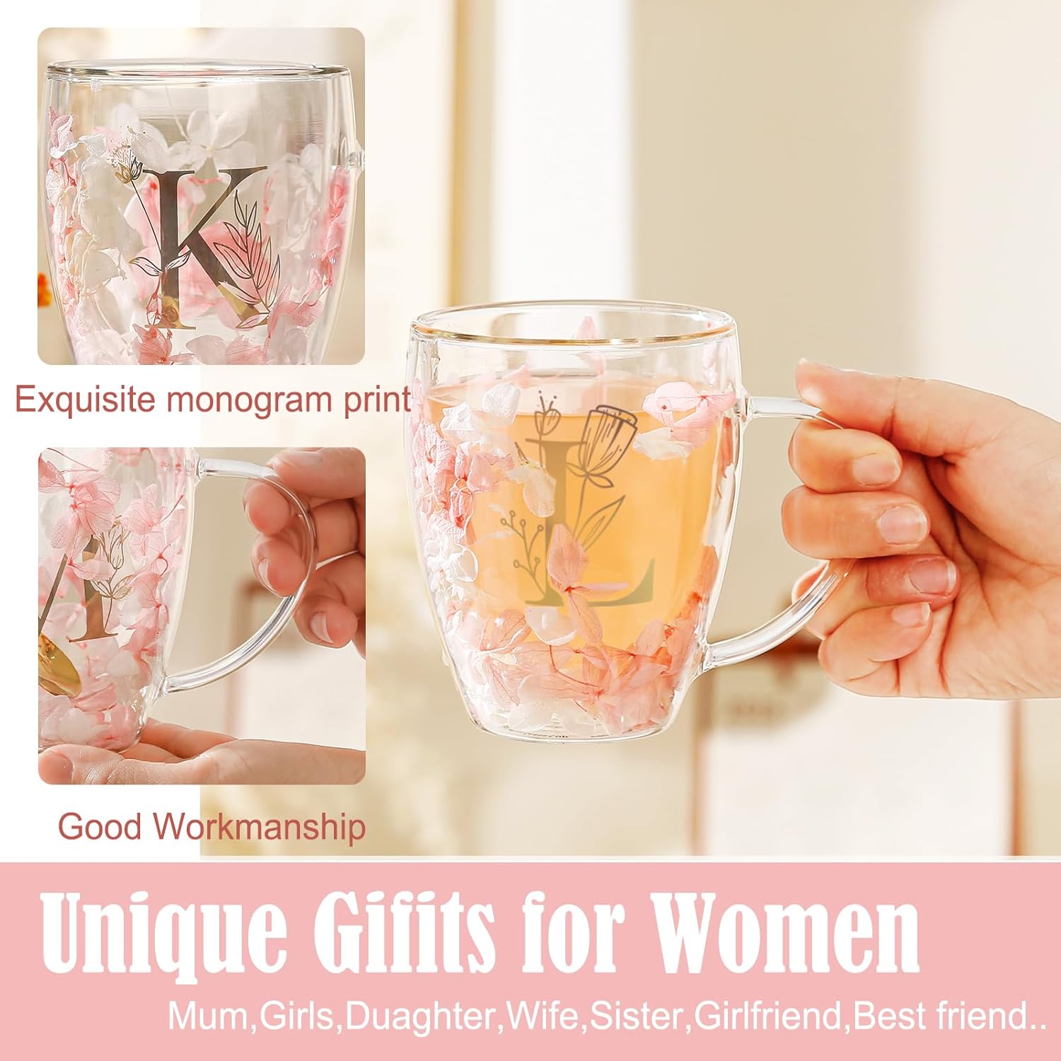 Personalized Gifts for Women Flower Double Wall Cute Novelty Monogrammed Glass Coffee Mug Tea Cup with Spoon Customized Wedding Favors Unique Birthday Christmas Gifts for Bride Wife Friends Sisters(L) - Image 8