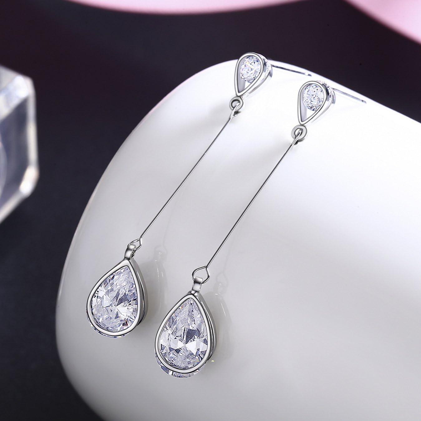 SBLING Cubic Zirconia Teardrop Earrings, Diamond Earrings, Wedding Earrings for Brides Bridesmaids, Bridal Dangle Earrings, Teardrop Crystal Drop earrings for Women Jewelry Gifts - Image 2