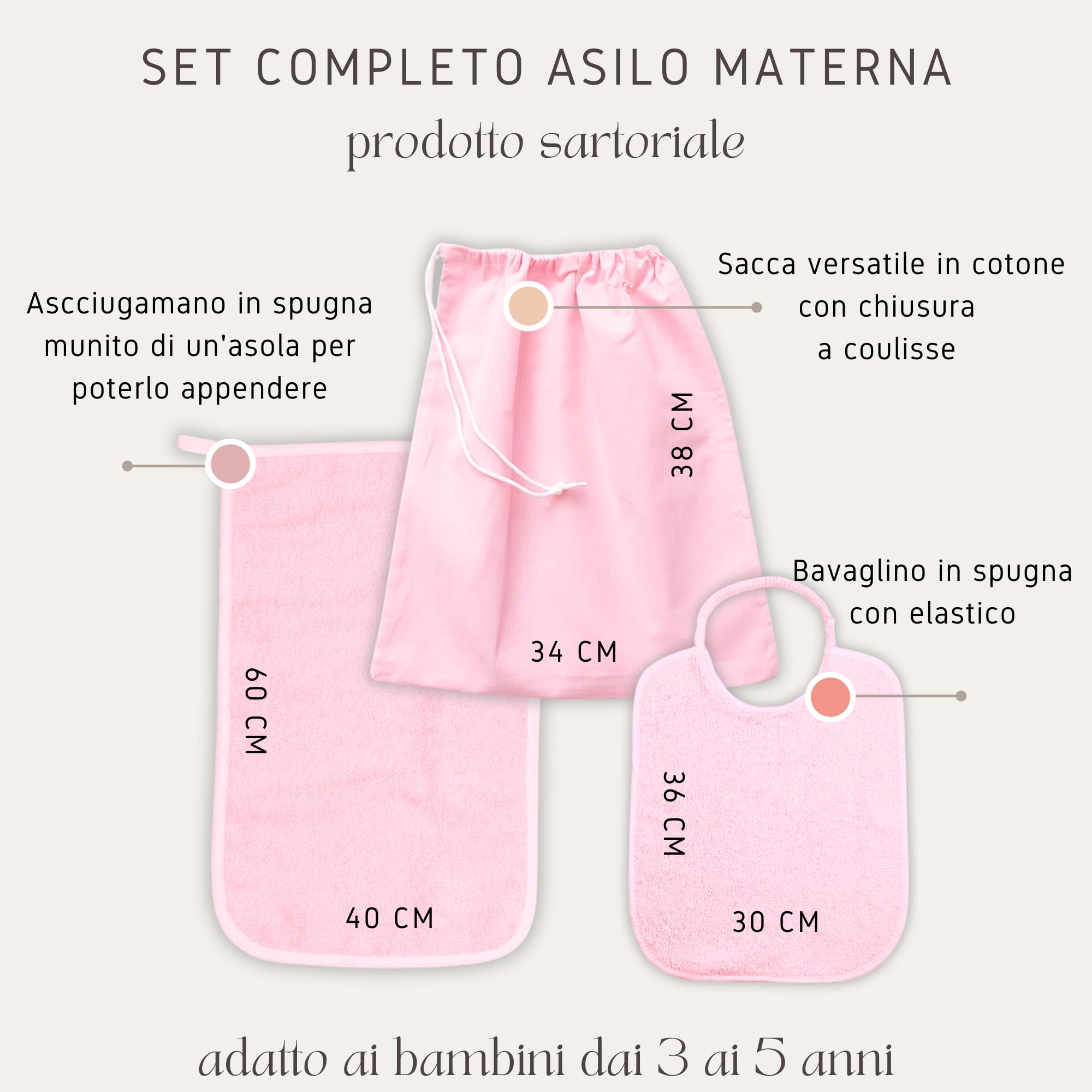 MAYRA Set Asilo Nido e Materna Personalizzato per Bambino e Bambina | Kit Bavaglino con Elastico o Laccetti, Asciugamano con Asola e Sacchetto Cambio | Ricamo Nome e Disegno | Made in Italy