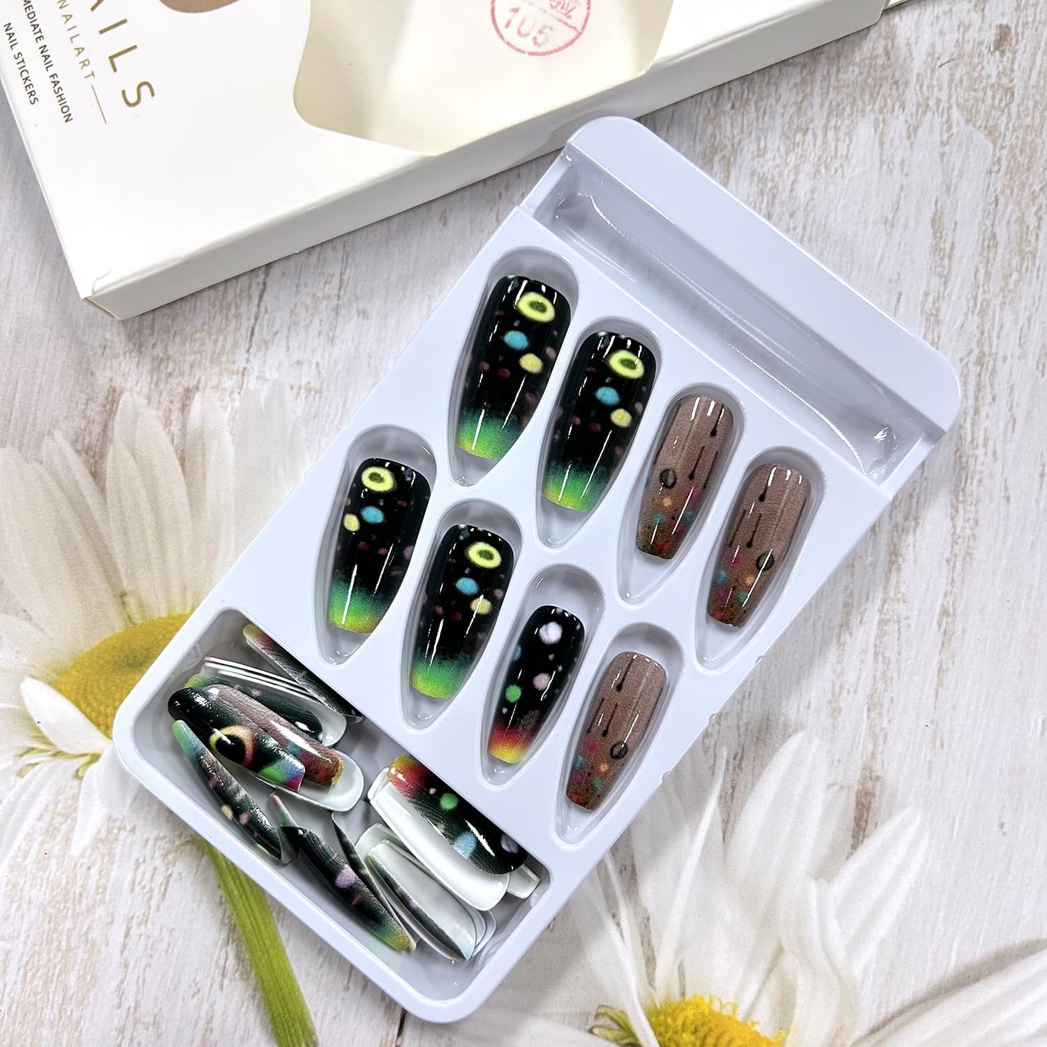 24Pcs Black Rainbow Press on Nails, Acrylic Full Cover Coffin Nails - Gradient & Circle Design, Medium Ballet Shape - Image 4