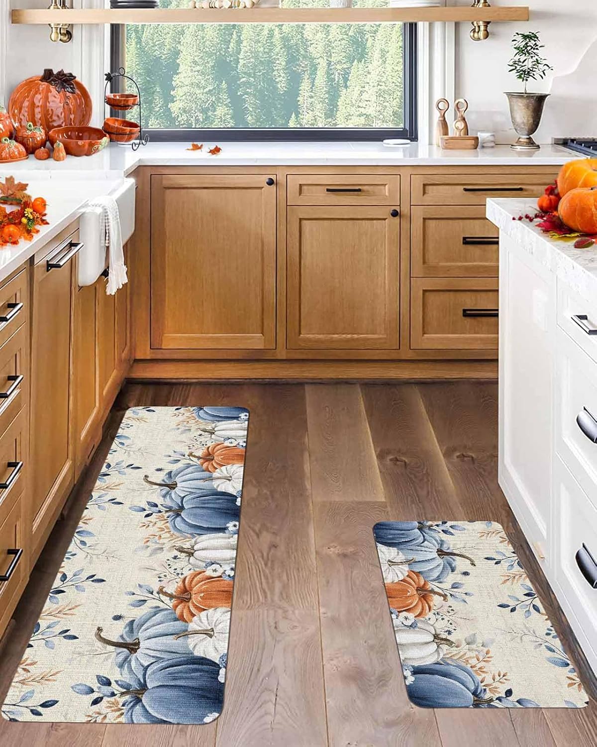 Fall Kitchen Rugs Set of 2 Blue Pumpkin Kitchen Rug and Mats Set Non Slip Floor Mats for Sink Laundry Retro Eucalyptus Leaves Floral Thanksgiving Decorative Doormat Absorbent Runner Rug 16"x47"