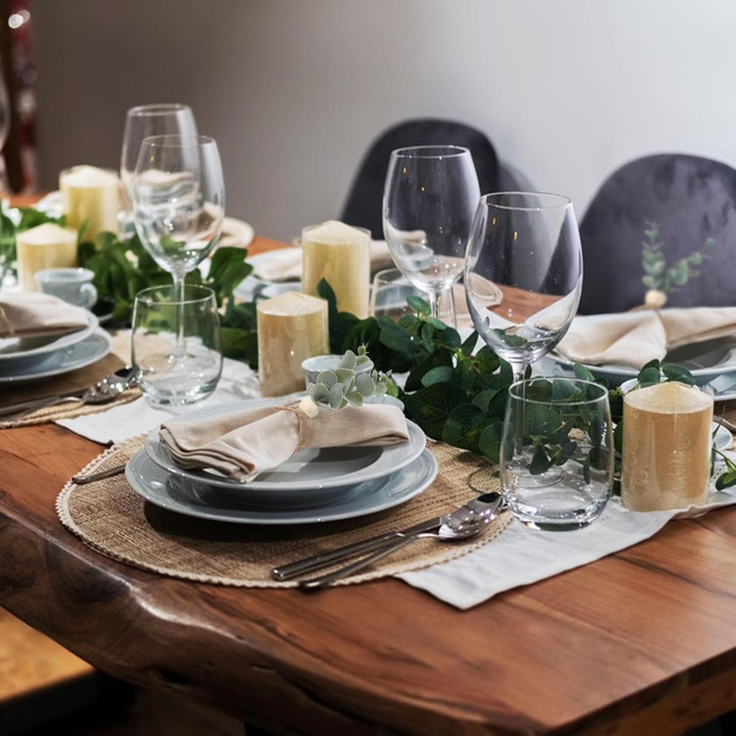 6 Anneaux De Serviette Feuilles D'eucalyptus Artificielles - Décoration De Table Printemps/été, Mariage, Fête