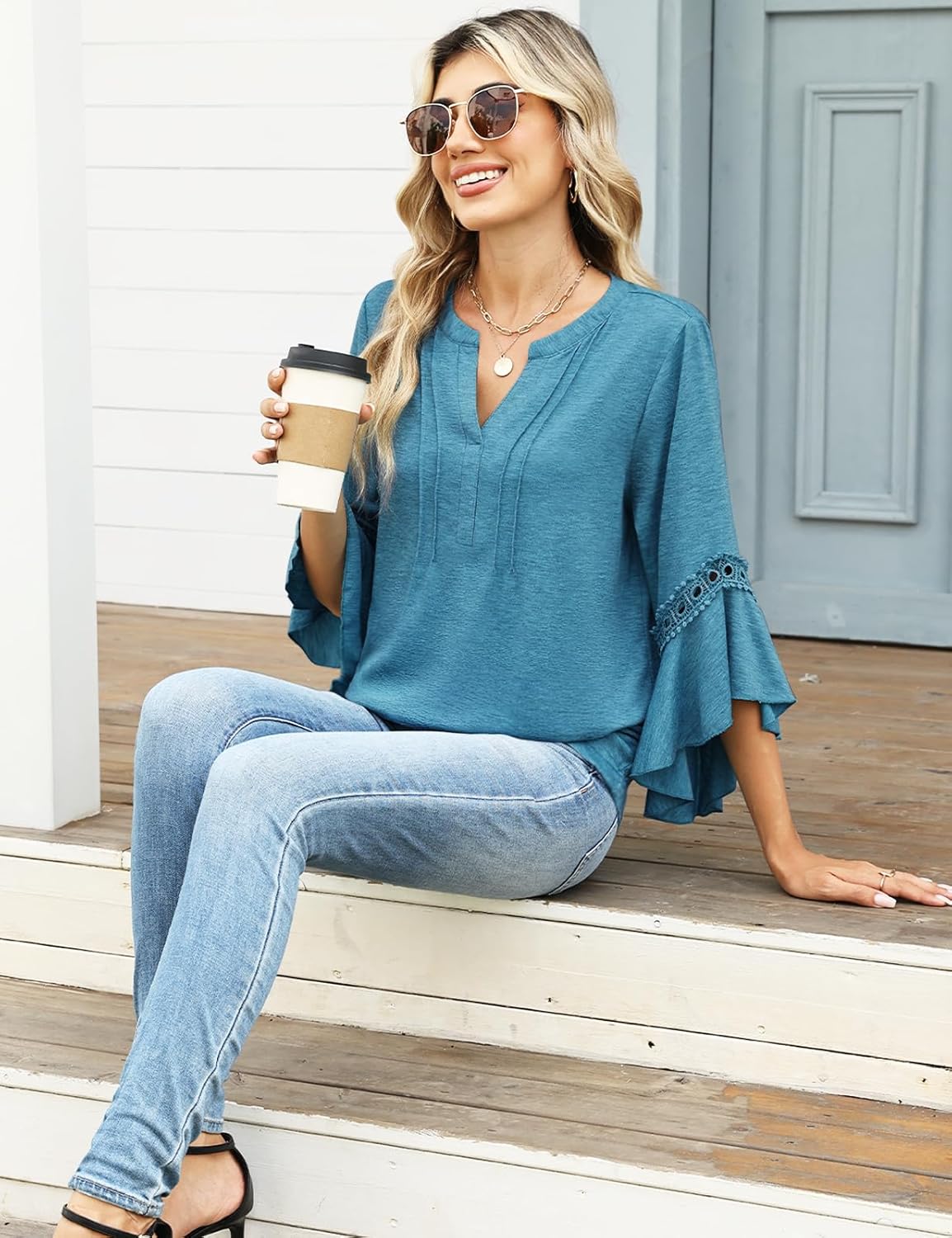 VIMPUNEC Womens 3/4 Length Sleeve Tops Dressy Casual Blouses V Neck Business Shirts Summer Clothes - Image 5