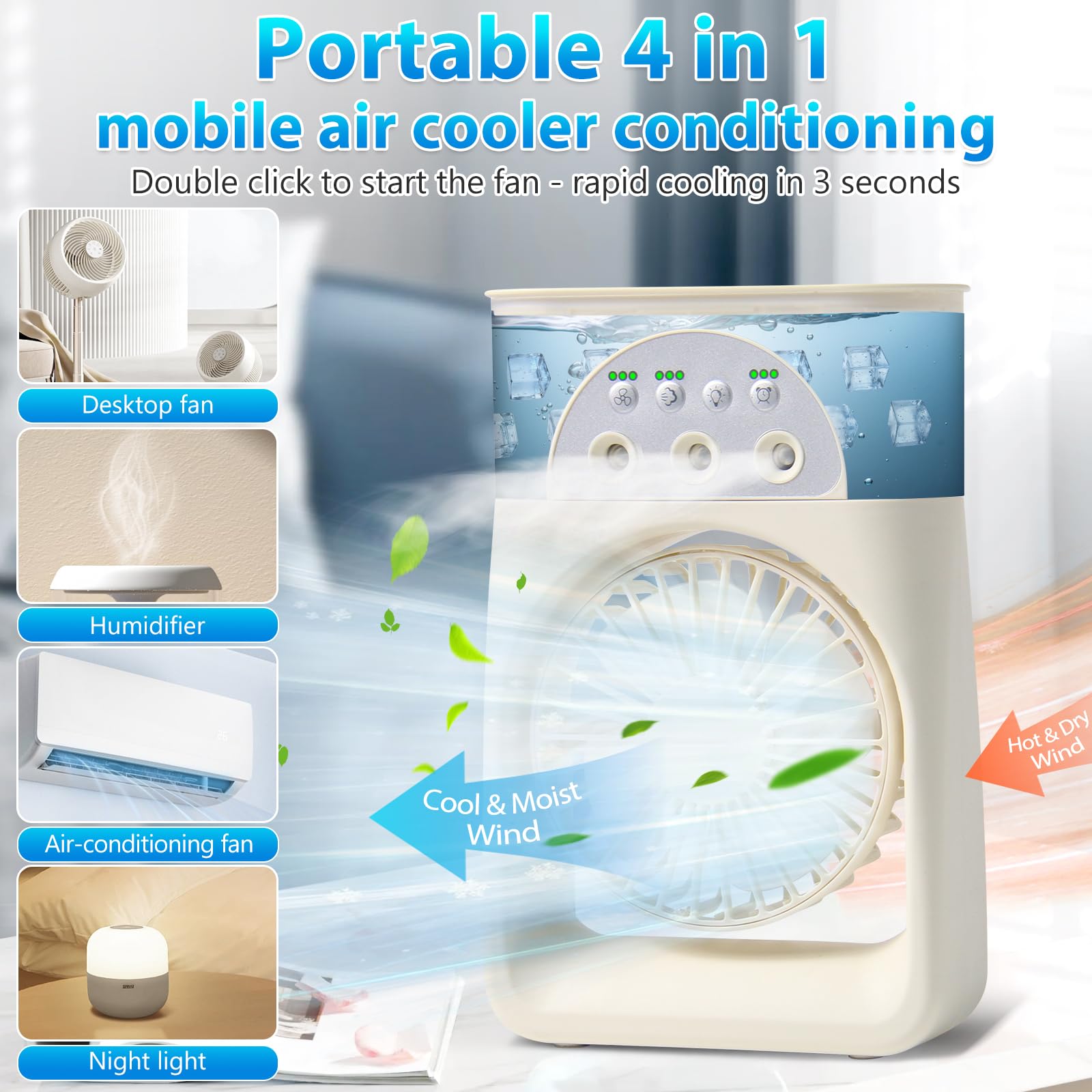 Mini Aire Acondicionado Portatil,3 en1 Mini Enfriador de Aire de 250ml, Mini Refrigerador de Aire Móvil Ventilador USB,3 Velocidades,7 LED Climatizador Portatil para Dormitorios,Oficinas