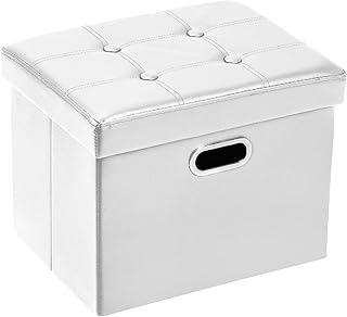 COSYLAND Storage Ottoman 17x13x13in Leather Rectangle Foot Rest Folding Bench Seat Organizer Entryway Furniture with Handles Lid White