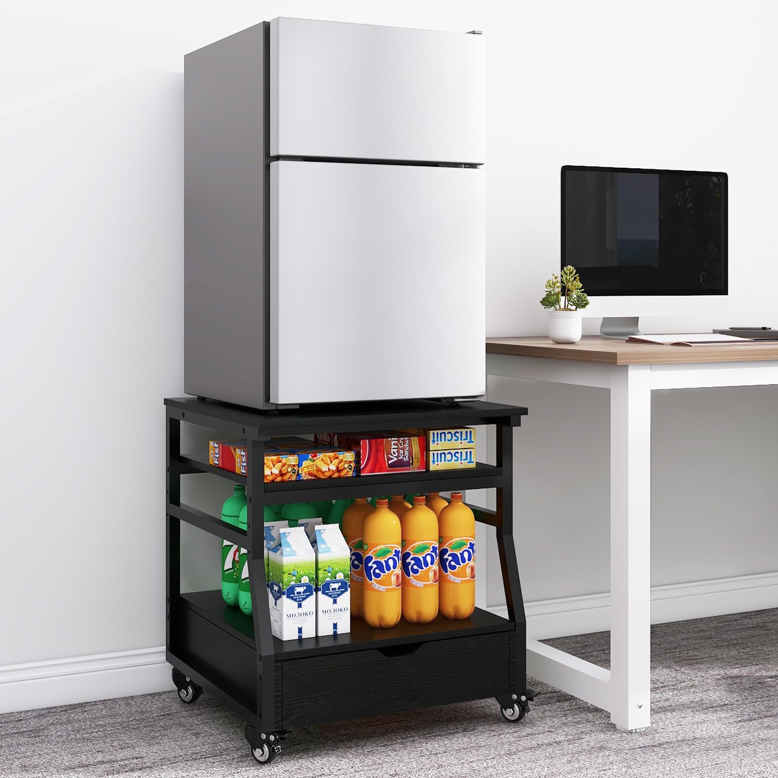 PUNCIA 23.6x21.7in Mini Fridge Stand with Large Capacity Storage Heavy Duty Fridge Cart with Drawers Mobile Beverage Refrigerator Table with Wheels Appliance Platform for Dorm Apartment Office Bedroom