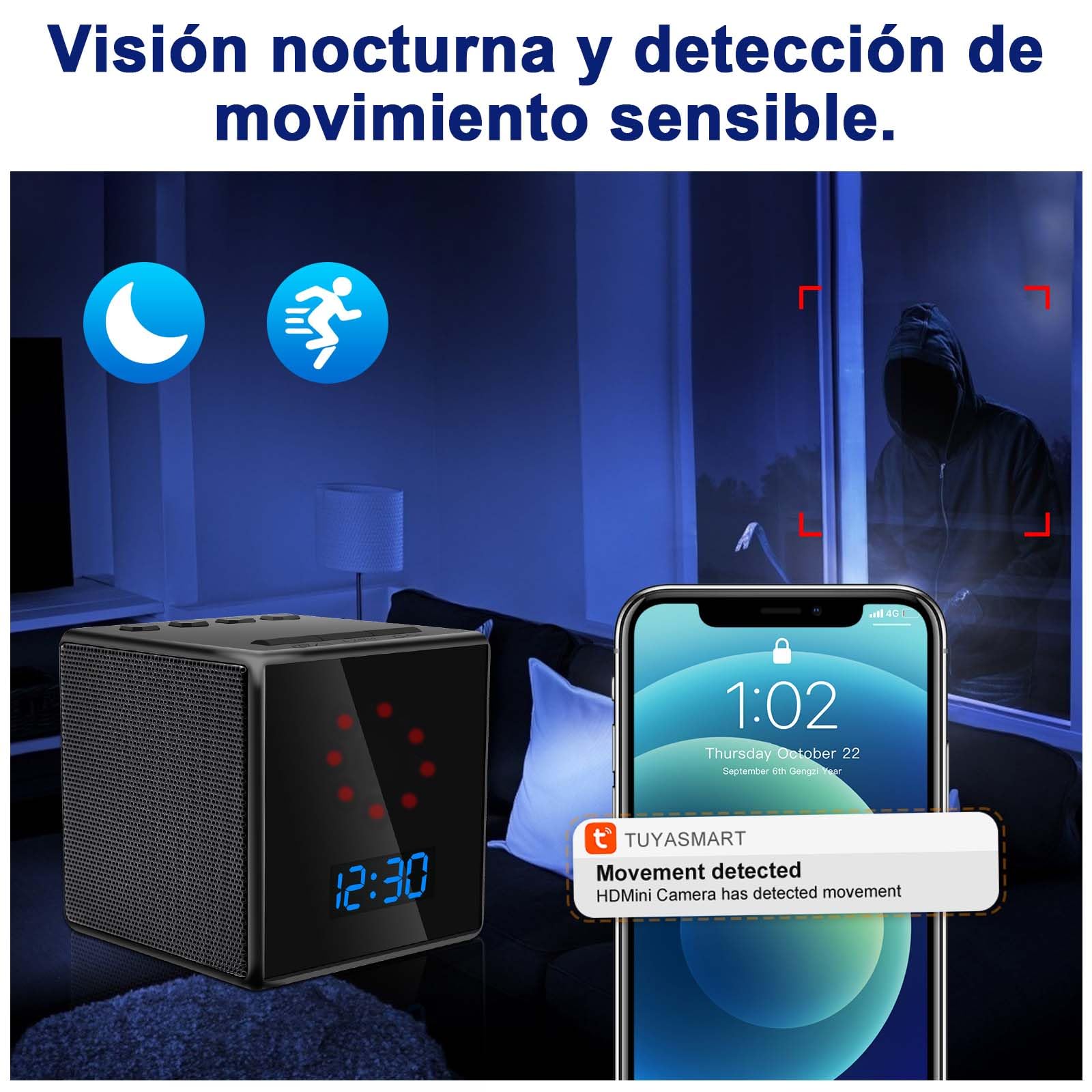 Camara Espia WiFi Movil Oculta, Portátil Camaras Espias Camufladas para Interior/Exterior,HD 1080P Mini Cámara Espía Inalámbrica con Bluetooth 5.0/Detección de Movimiento/Reproducción de Música
