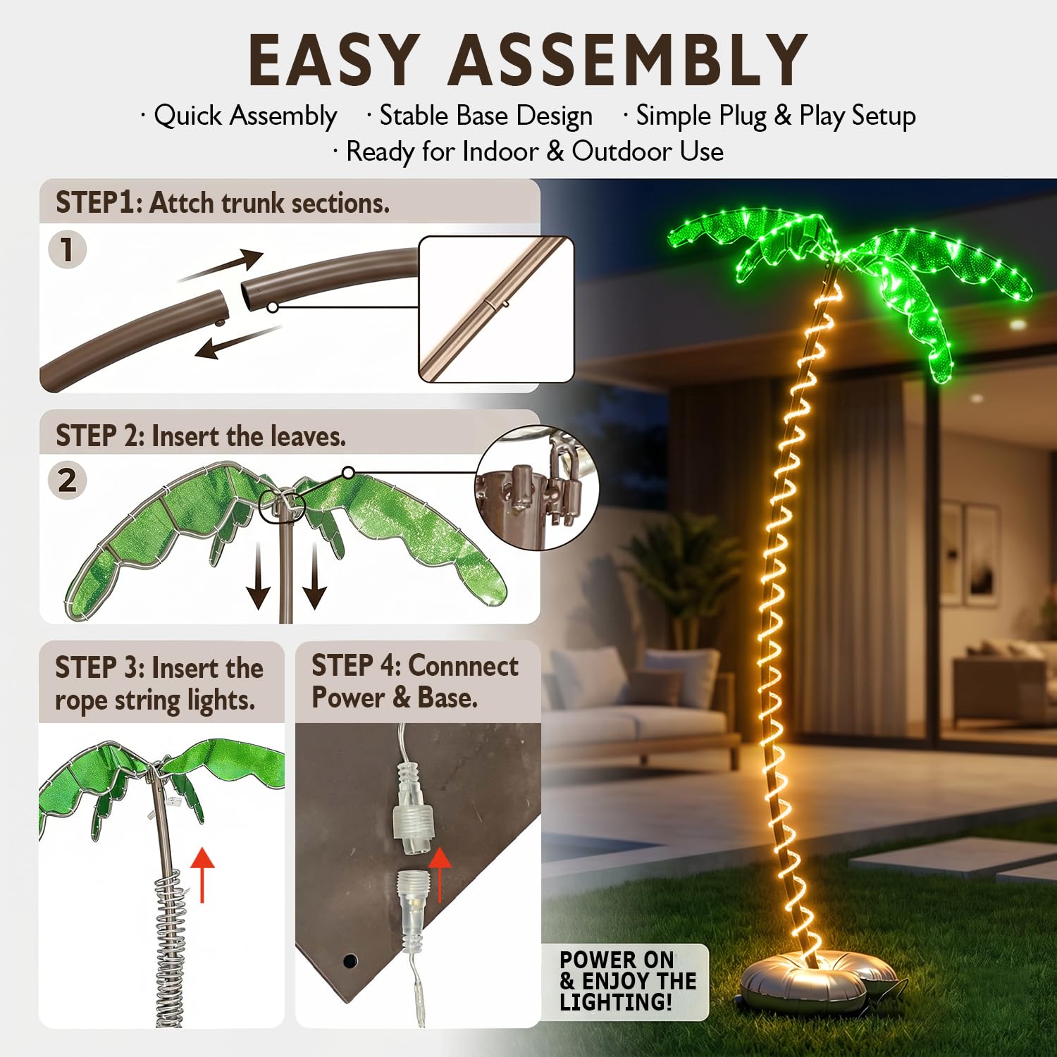 Palma artificiale illuminata per patio esterno, app e telecomando, con tronco in metallo e corda LED, per patio, piscina, cortile, decorazione per feste, timer, sincronizzazione musica
