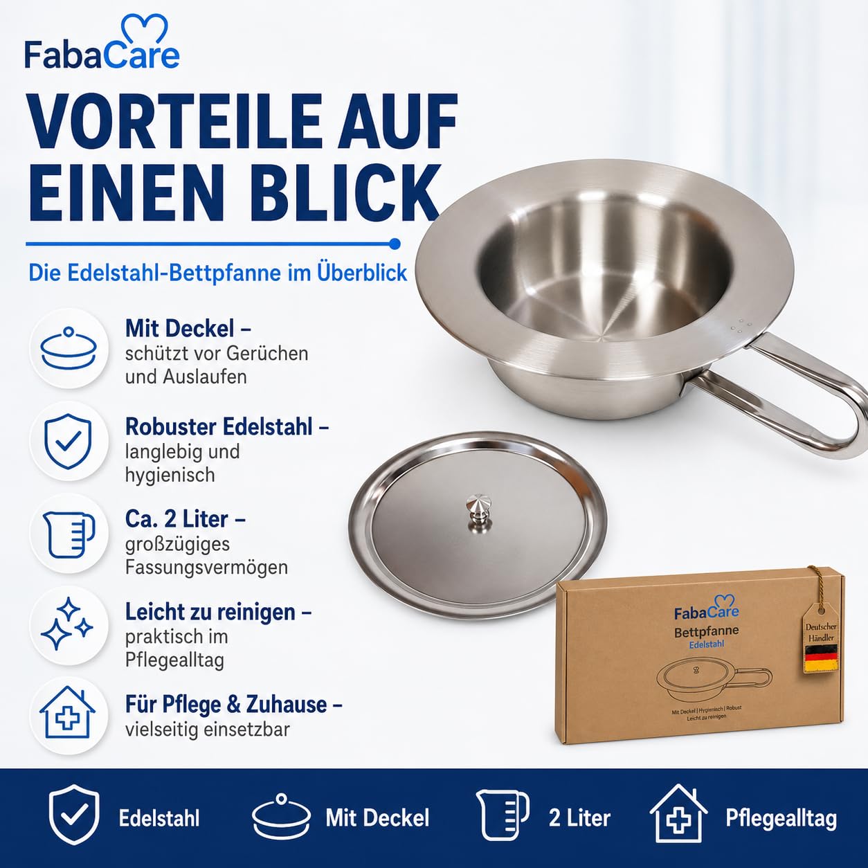 FabaCare Bettpfanne Edelstahl mit Deckel für Erwachsene, 2 Liter | Stechbecken 2 Liter für Pflege, Klinik & Zuhause – robust, hygienisch, leicht zu reinigen und diskret griffbereit