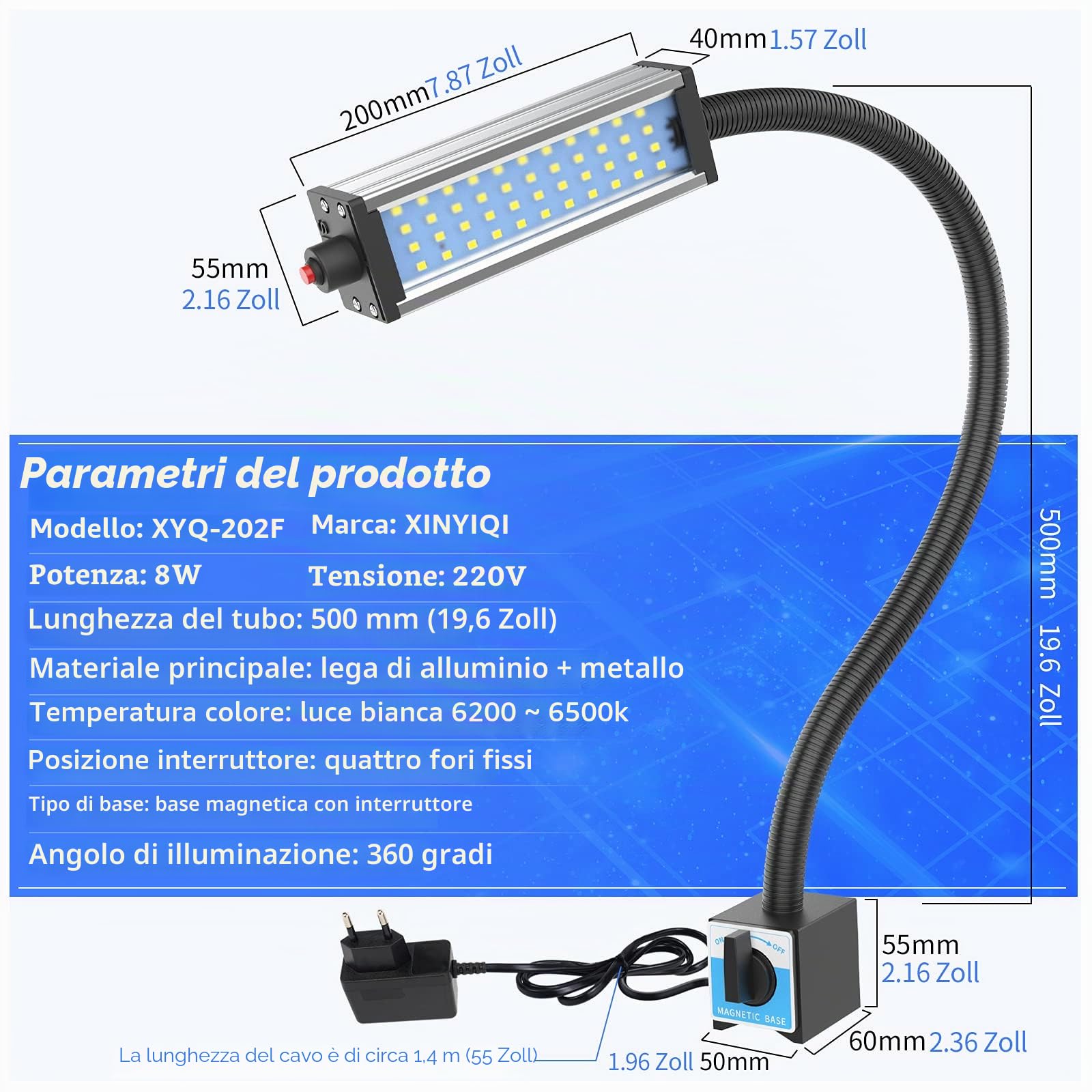 Luce magnetica, lampada da lavoro a LED, 44 LED, IP66, impermeabile, flessibile, a collo di cigno