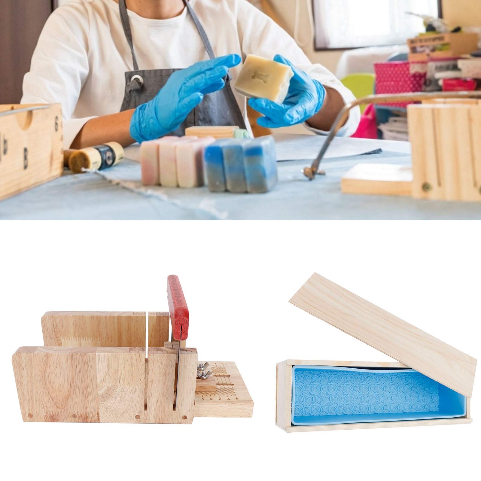 Seifenformen-Set, Edelstahl, Seifenschneider, Brotform, DIY-Seifenherstellung, Schneidwerkzeug mit Rosenmuster für Backbegeisterte, Bastler, Eichenholz, Blau, 1000 ml