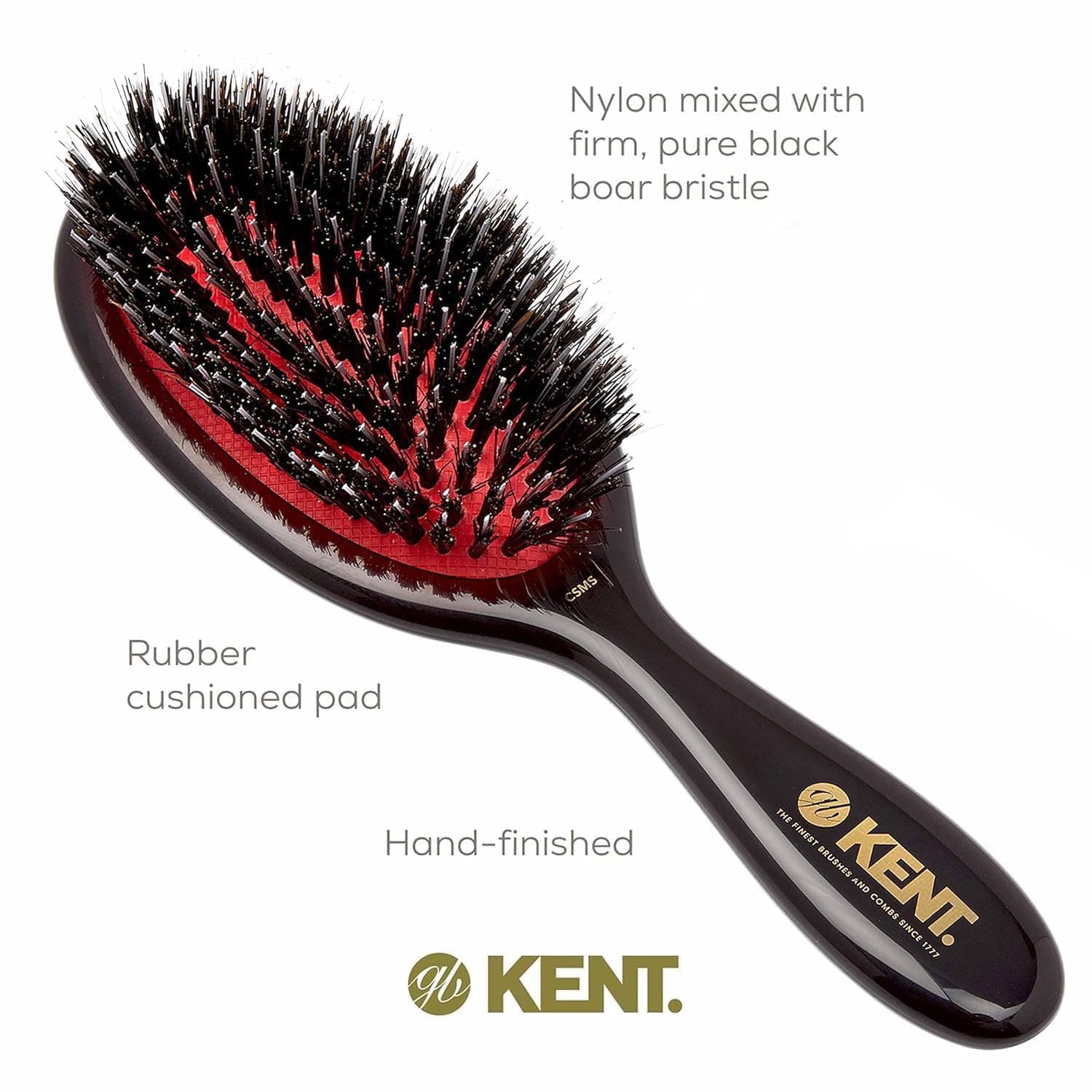 Kent CSMS Classic Shine - Cepillo alisador ovalado (cerdas de jabalí negras naturales con plumas de nailon, 18,4 cm), color negro