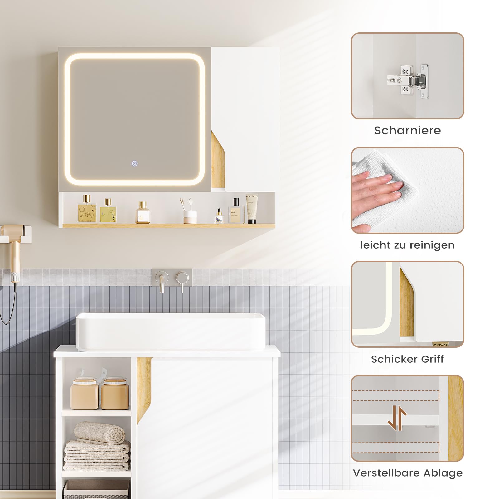 Meuble de Salle de Bain avec Éclairage LED et Miroir HD, Armoire Miroir Salle de Bain avec 3 Étagères Réglables，Température de Couleur Réglable, Armoire de Toilette, 80x16x65 cm, Blanc