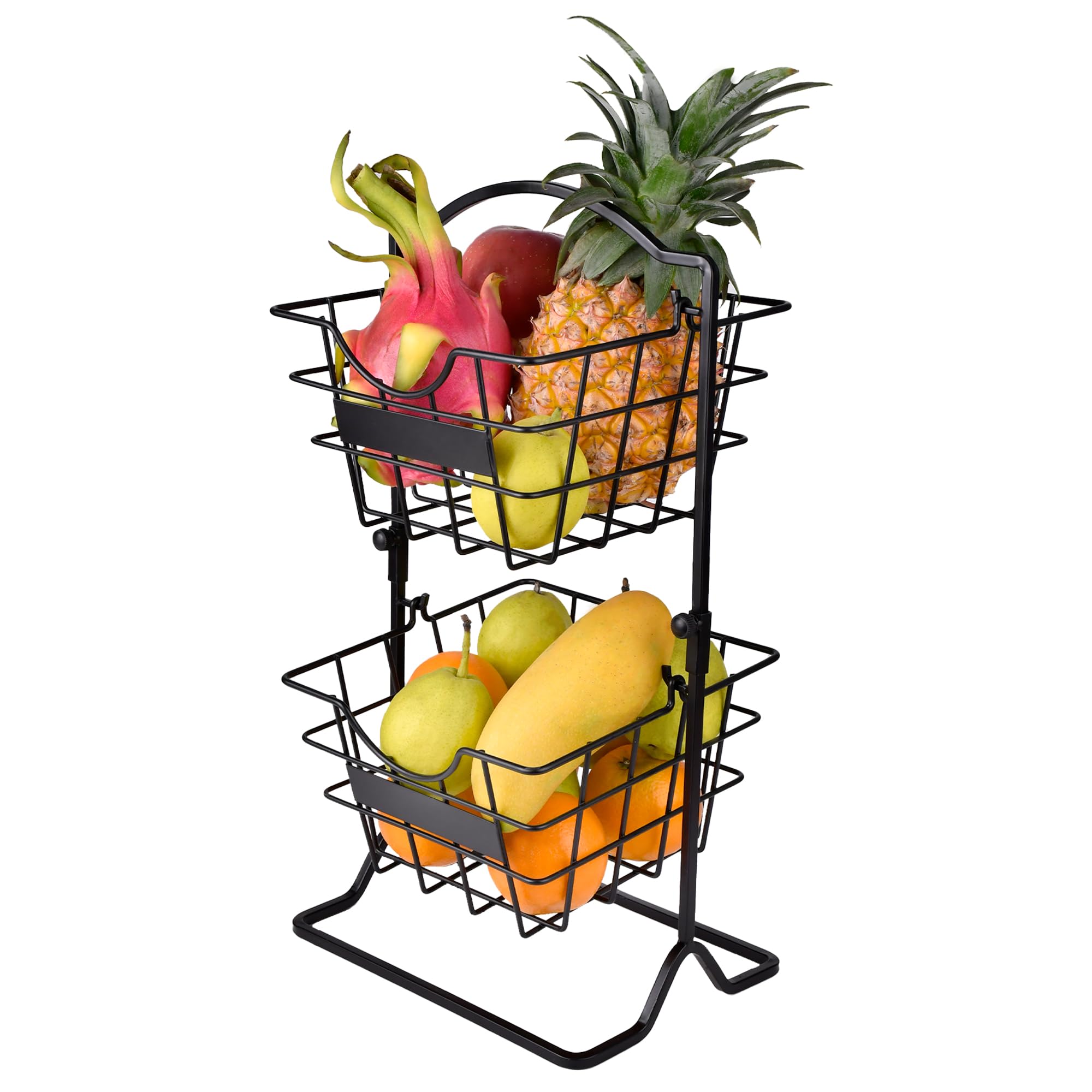 Metal 2 Tier Fruit Basket Stand - Fruit Vegetable Bowl Basket for Kitchen Counter - Wire Countertop Fruit Holder for Snack Storage(Black)