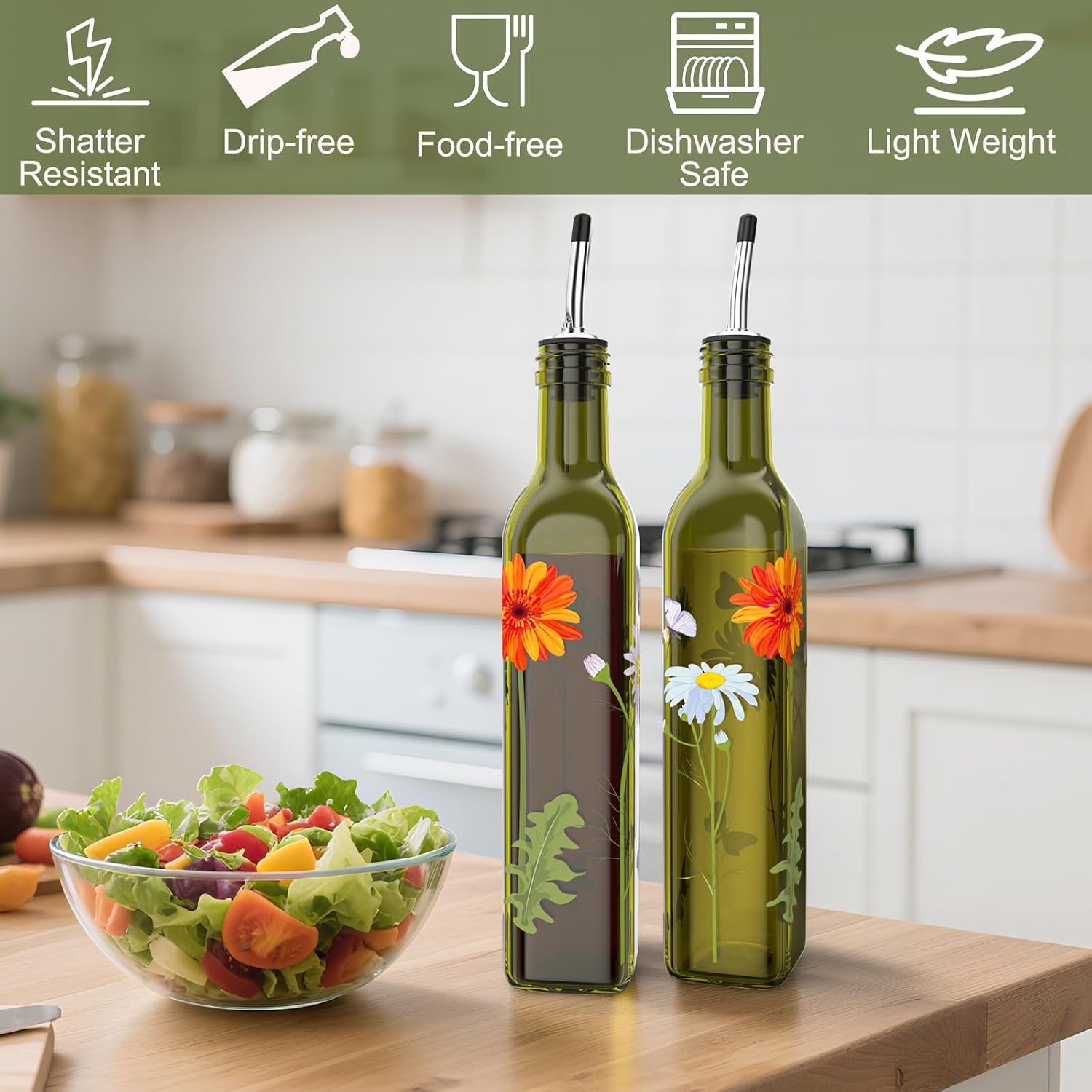 COOLMI Oil and Vinegar Dispenser Set - 17oz/500ML Premium Glass Olive Oil Dispenser Bottles for Kitchen, Oil Dispenser for Kitchen(Daisy)