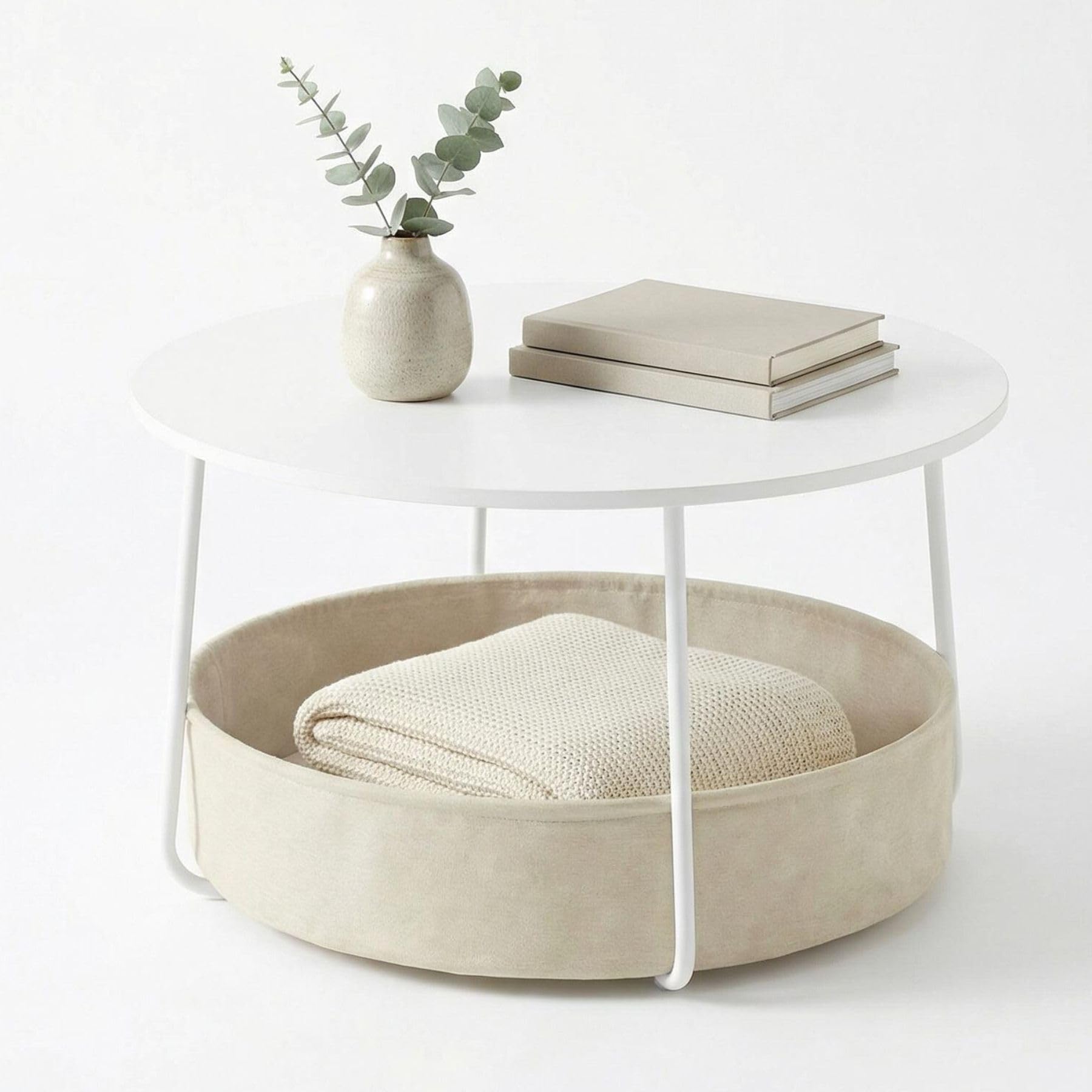 Table basse ronde 75 cm chic en MDF blanc brillant et cadre métal