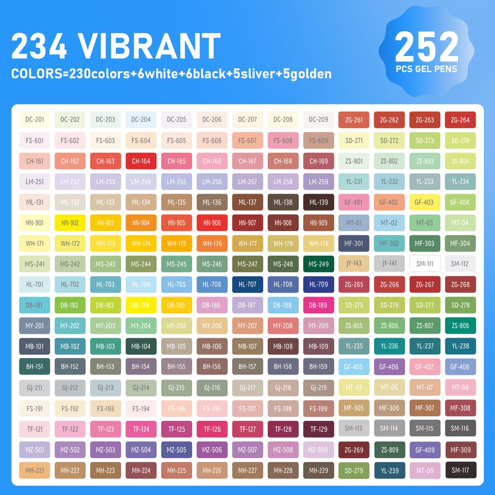 TrendGate 252 Stylos Gel Acrylique, Pointe Fine 0,6 mm Gel Pen | 234 Couleurs (230 + 6 noir/6 Blanc/5 Argent/5 Or), Feutres Gel Coloriage Adulte, Dessin, Écriture, Journaling, Multi-surface