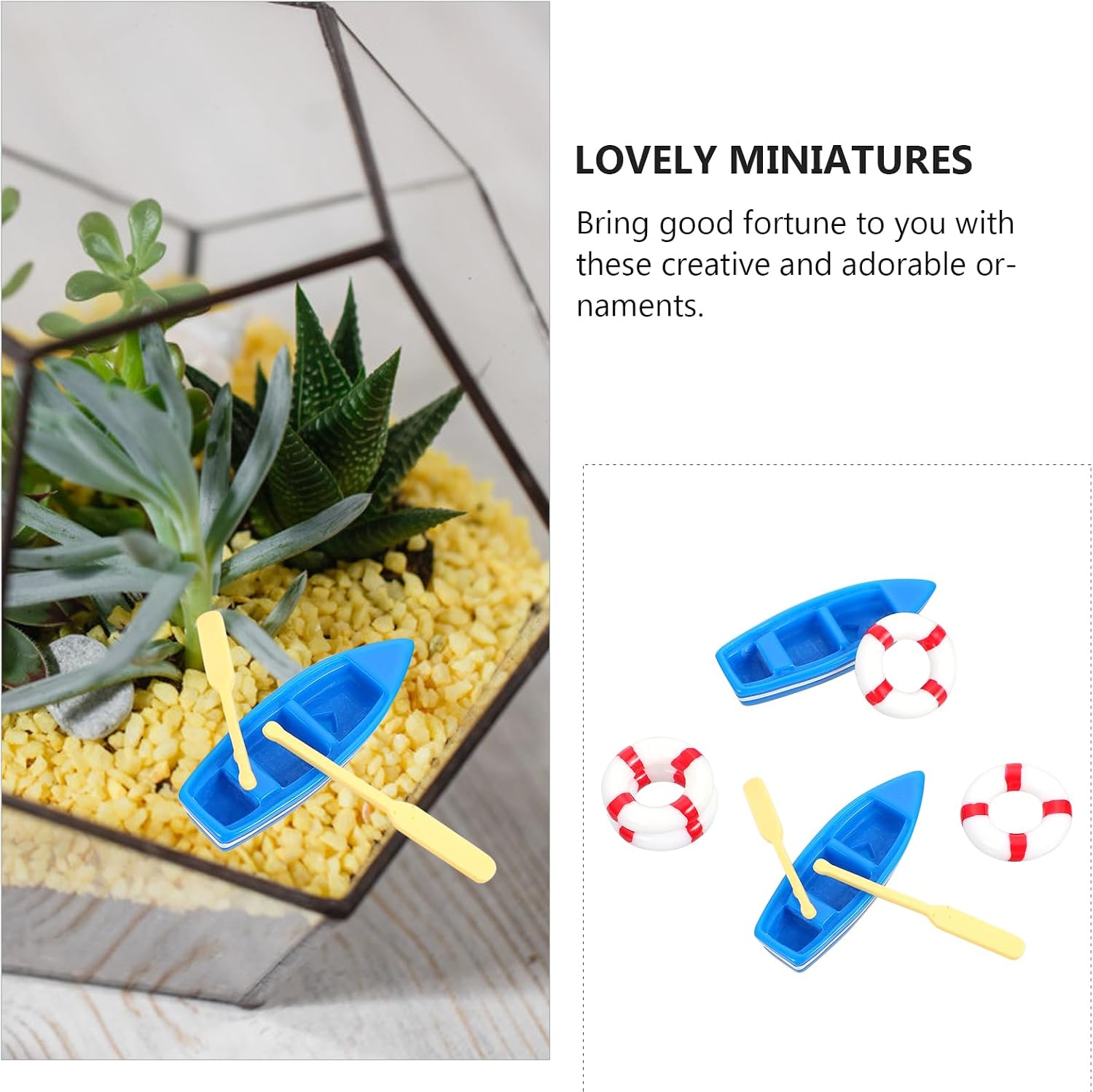 NUOBESTY 2 Sets Mini Vintage Fishing Boats Mini Beach Style Boat Oars Paddles Lifebuoy Set Miniature Ornament Kits for DIY Dollhouse Decorative Micro Landscape Scene Miniature Doll House Items
