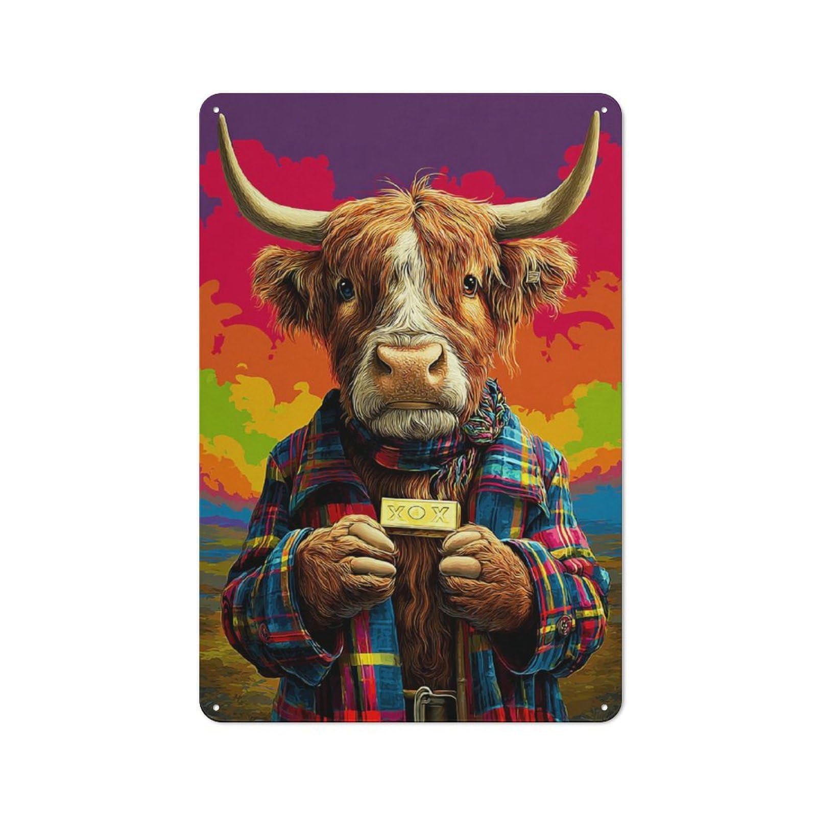 Junmoney Highland Cow In Plaid With Gold Bar Vintage Metal Gift Sign 30X20cm, Novelty Wall Art For Hallway, Home Bar, Garage Or Study