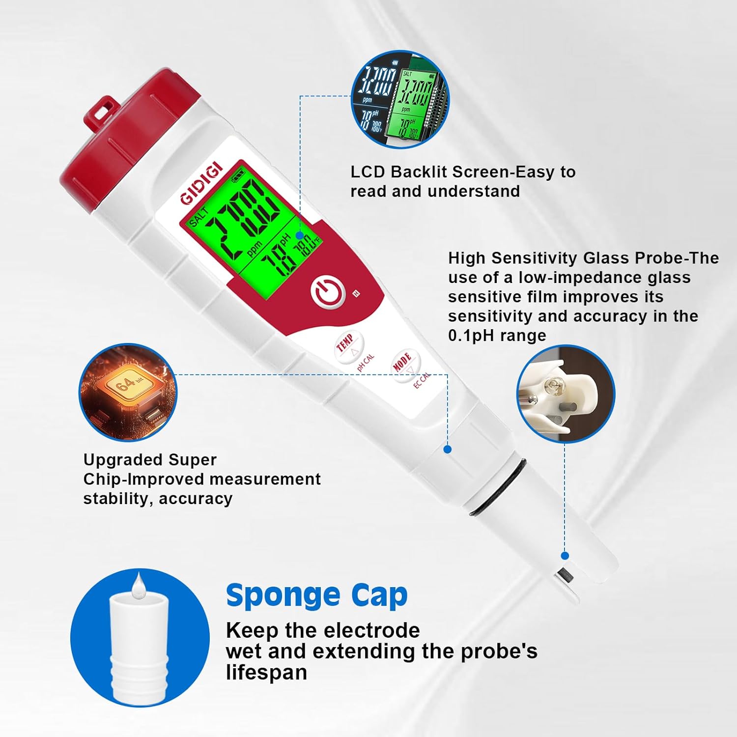 Pool Salt Tester pH Meter New Update Digital pH Tester Salinity Meter with Multiple Parameters Display for Pool Water Quality TDS EC Salt Meter for Saltwater Hot Tub&Spa Inground Pool Aquarium