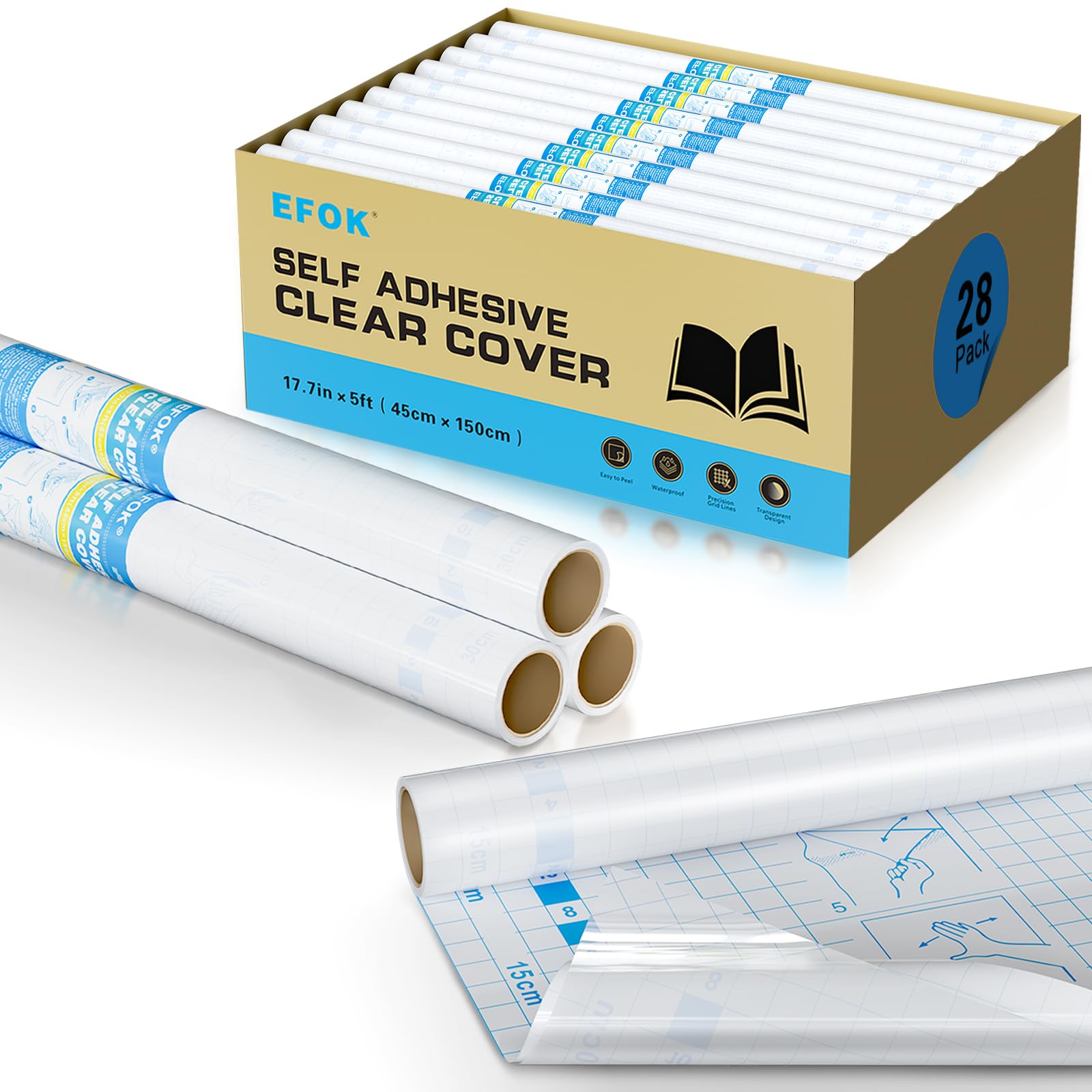 Lot de 28 couvertures de livre de papier contact transparent – 45 cm x 1,5 m au total 42,7 m – Film de protection autocollant pour travaux manuels – Rouleau de papier contact transparent à décoller et
