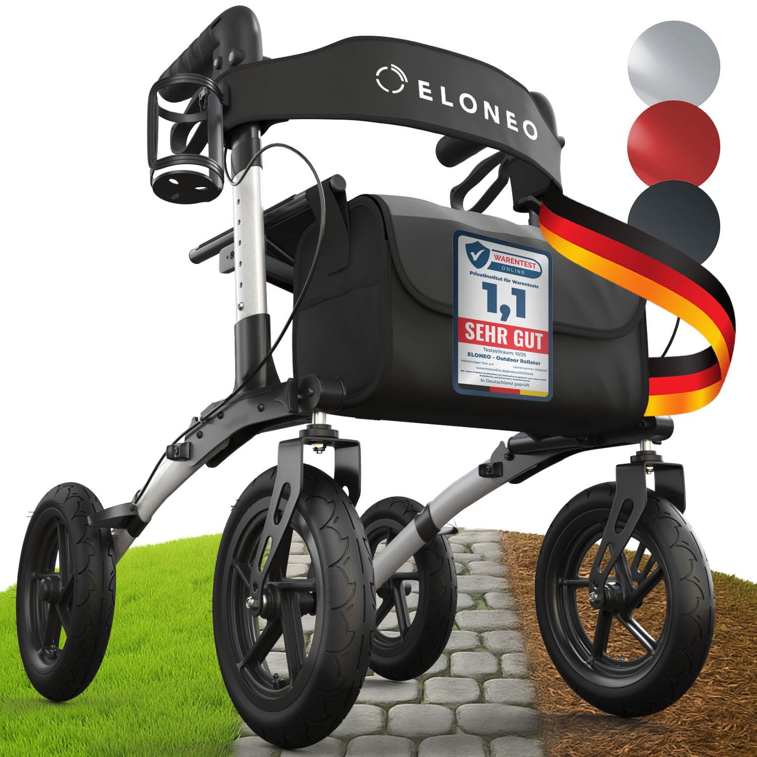 ELONEO Rollator faltbar und leicht mit Sitz, Outdoor Rollator mit Luftbereifung inkl. Sitzfläche, Rückengurt, höhenverstellbare Gehhilfe aus Aluminium inkl. Tasche und Stockhalter Silber