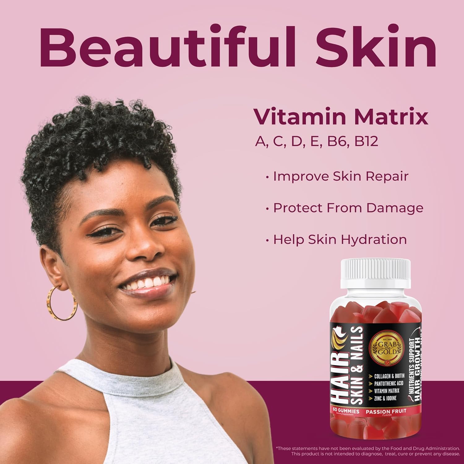 Grab The Gold Hair Skin & Nails Vitamins for Women | Gummies with 6000mcg Biotin & Collagen | 10 Essential Vitamin & Minerals | Gluten-Free, Non-GMO, Passion Fruit Flavor | 1 Month Supply - Image 5