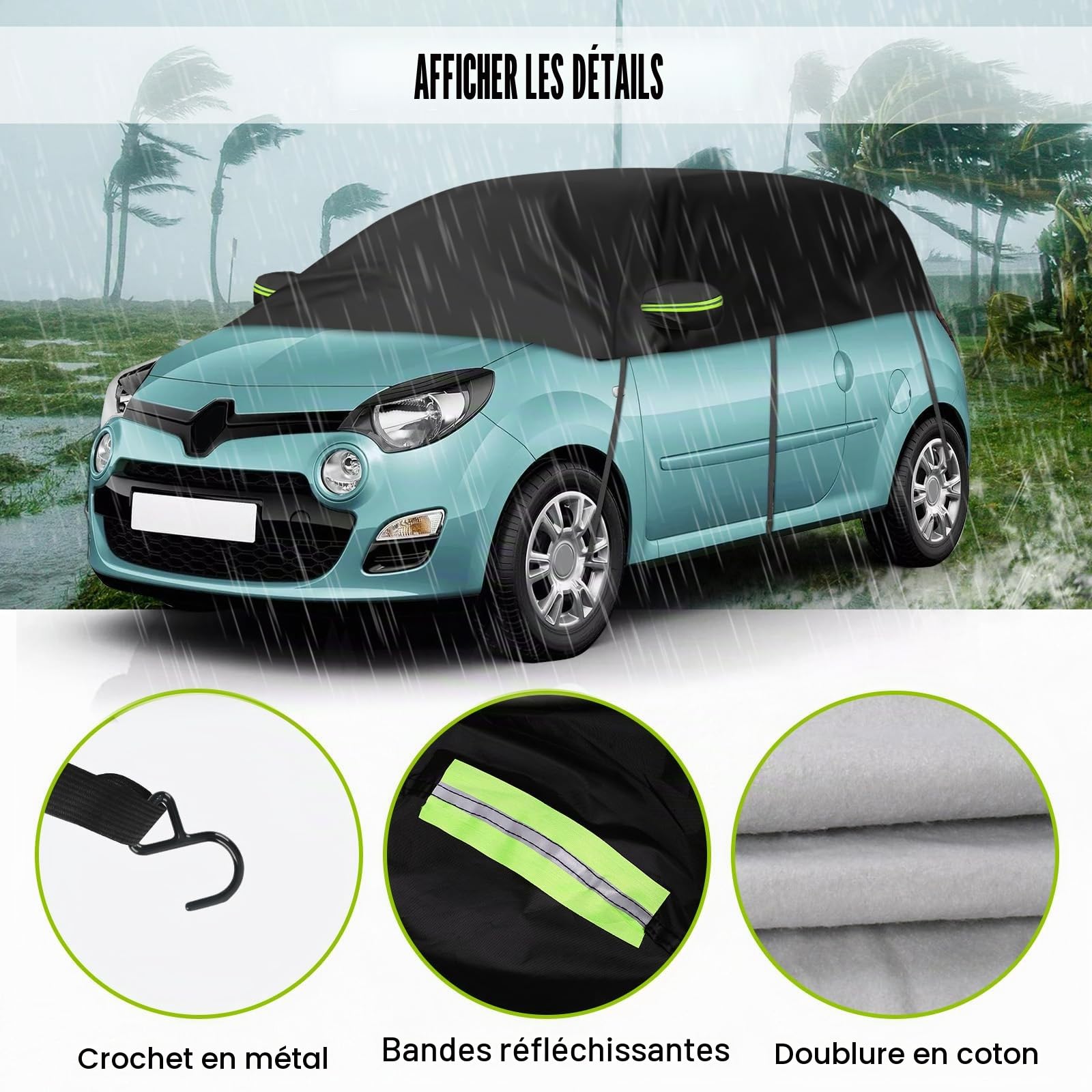 Demi-Couverture de Toit Compatible avec Renault Twingo 1993-2024 | Noir Demi Bache Voiture Exterieur avec Rrochets Ajustables et Oreillettes à Bandes Réfléchissantes