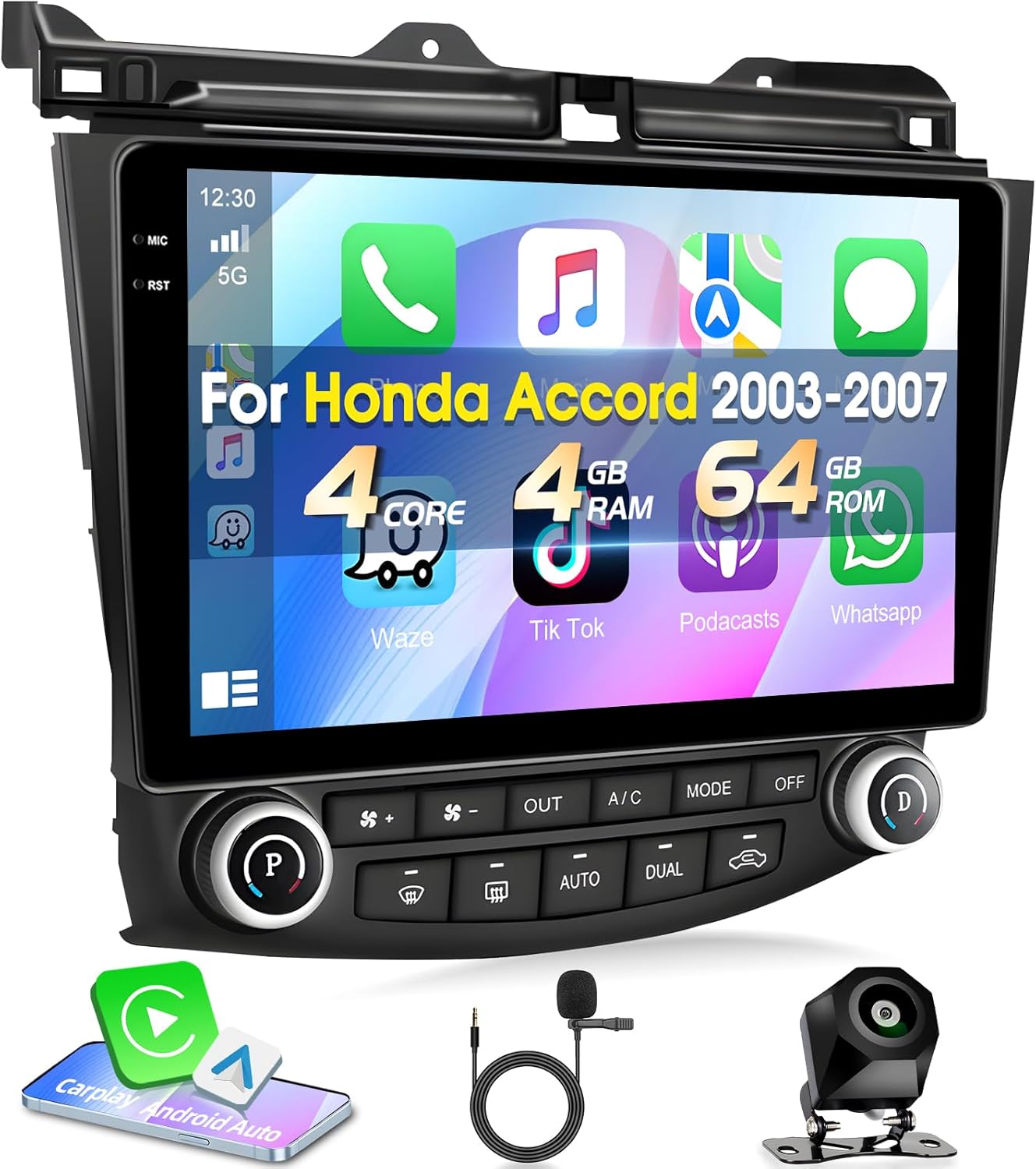 4+64G Motorsi 10" Touch Screen Car Stereo for Honda Accord 2003-2007, Wireless Carplay & Android Auto Car Radio with Mirror Link Bluetooth GPS SWC USB EQ FM Audio Receiver + Rear View Camera