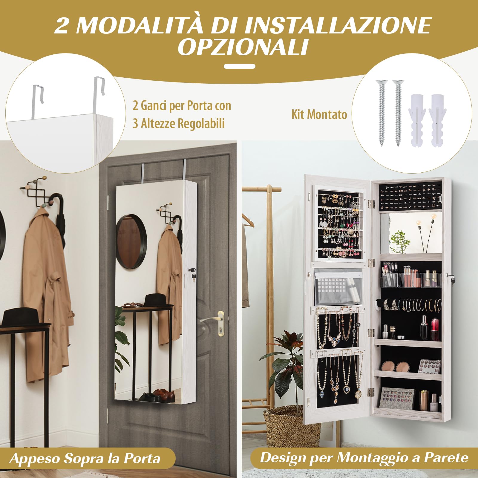 Armadio Portagioie Con Specchio A Figura Intera - Organizer Con 56 Spazi Per Orecchini E 19 Ganci - Foto 8