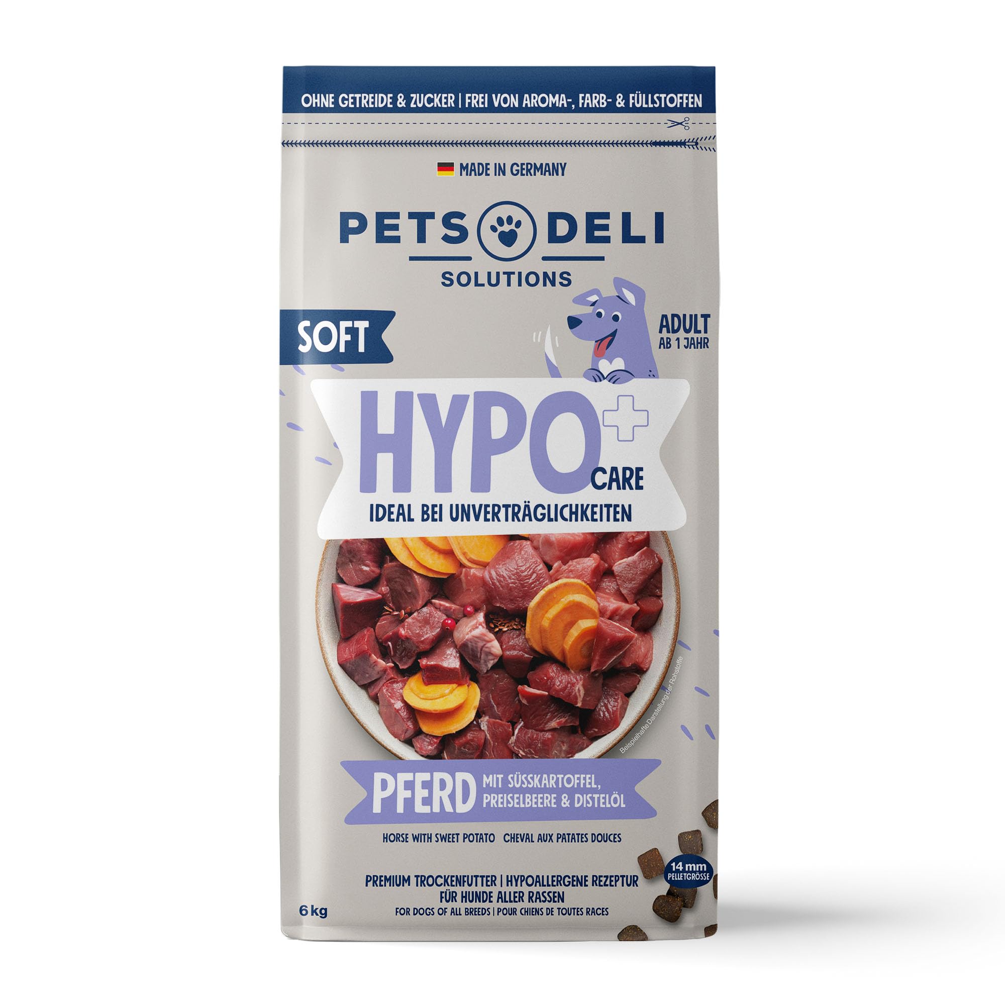 Pets Deli Sensitiv Trockenfutter für Hunde mit Pferd, Süßkartoffel, 6kg | Frisches Pferd hypoallergen, soft & weich für sensible Hunde, getreidefrei, ohne Zucker, Premium Qualität