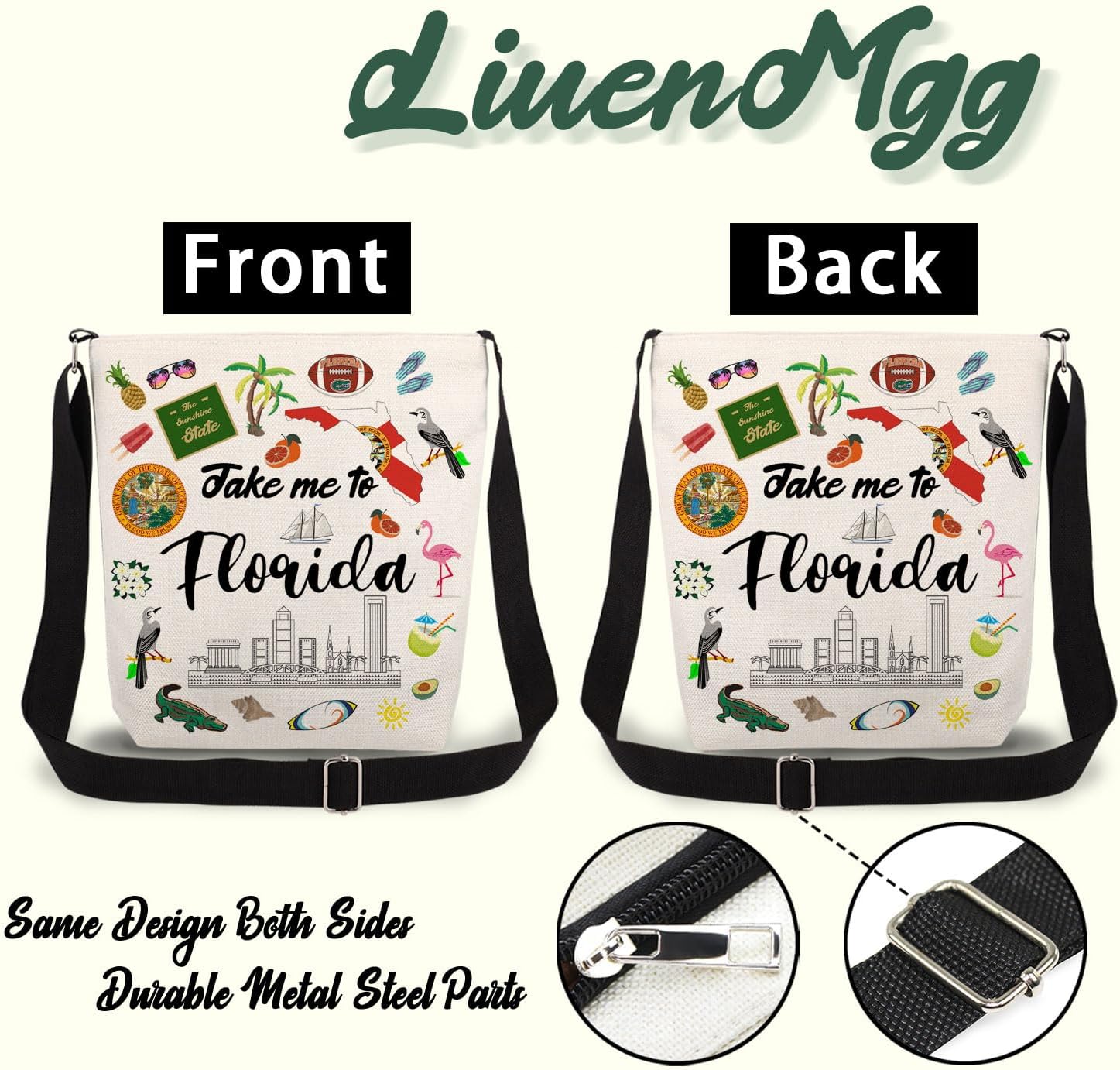 Take Me To Florida Print Canvas Crossbody Bag, Adjustable Strap Lightweight Purse with Top Zipper & Inner Pocket, Daily Shoulder Bag Florida Travel Gift for Women - Image 5