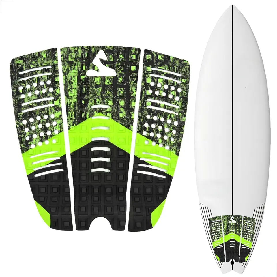 Deck Antiderrapante Surf Soul Fins 3 Peças - Grip Traseiro em EVA Fresado com Kick Tail 25mm e Adesivo de Alta Aderência (Preto, Verde, Mesclado)