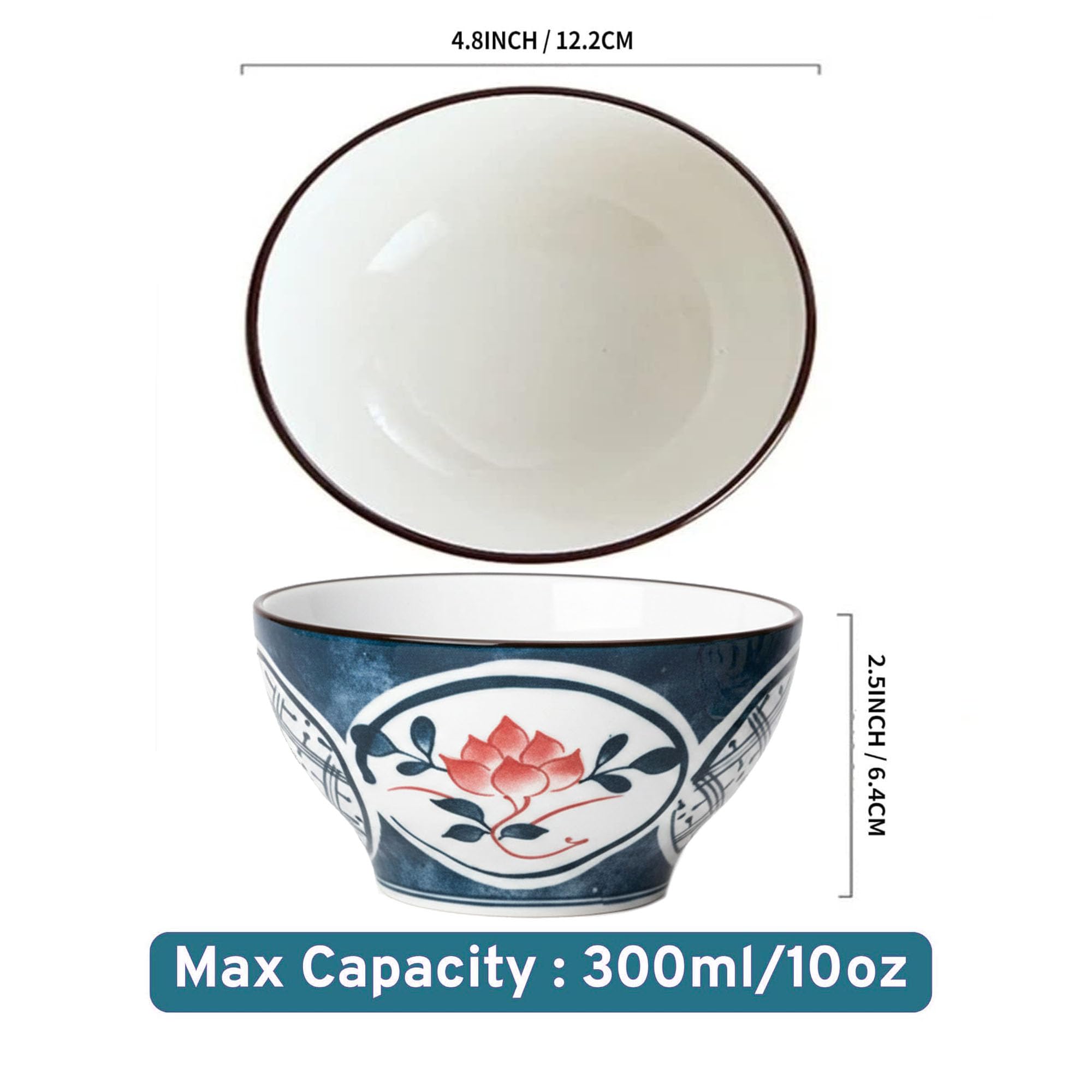 ARQIVO® Set of 2 Japanese Ceramic Rice Bowls, 4.7 Inch (10 oz/300ml) Small Porcelain Bowls for Noodle, Snacks & Soup, Premium Floral Stackable Cereal Bowl, Microwave & Dishwasher Safe, Ideal for Gift 1