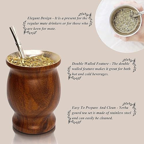 Miniatura 6 de LA FEE Yerba Mate Natural Gourd/Tea Cup Set Brown (Original Traditional Mate Cup - 8 Ounces)，Includes Yerba Mate Straw & Cleaning Brush，Stainless