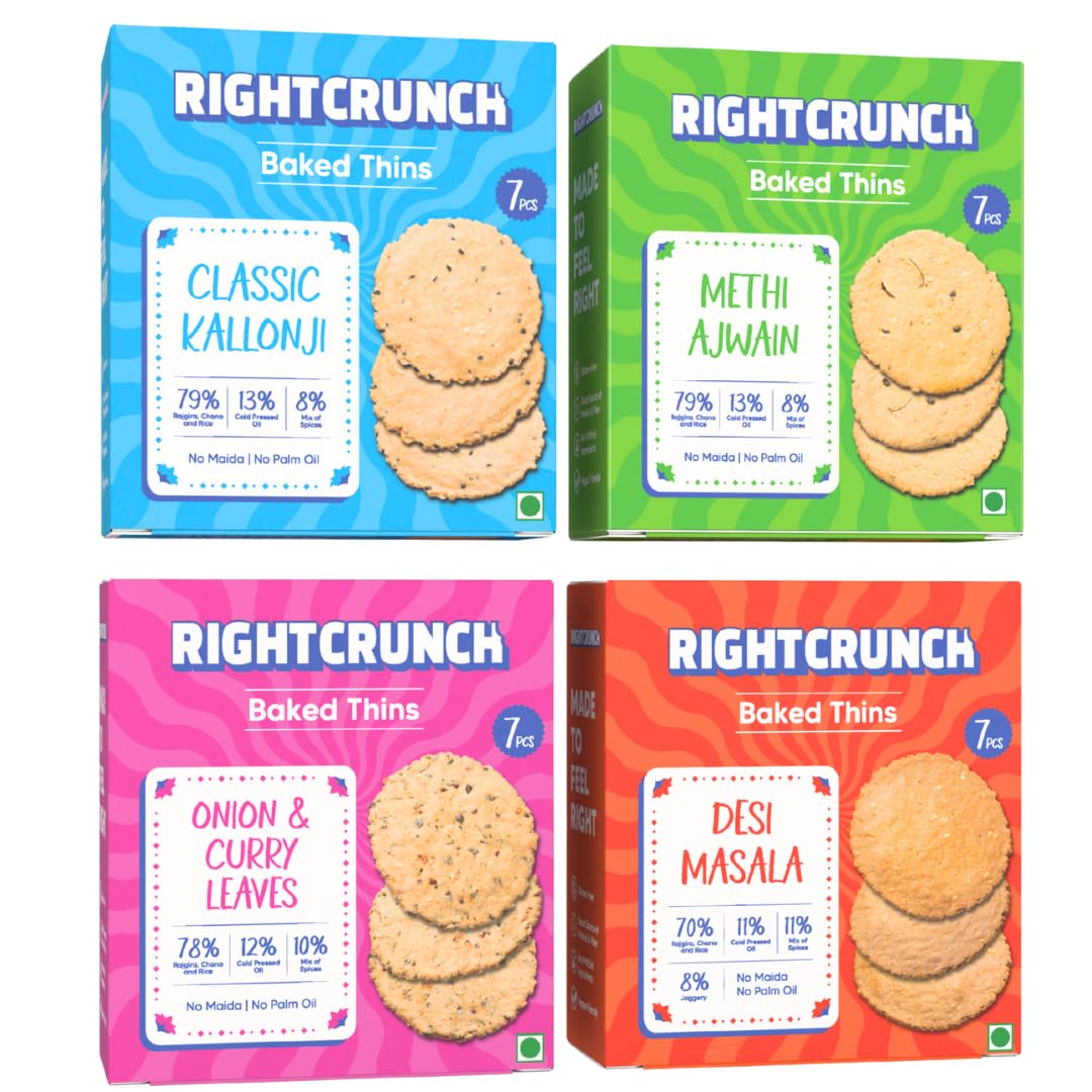 Rightcrunch Baked Thins | No Maida, Palm Oil | Gluten-free Healthy Snack | High Protein & Fibre | Light & Crispy | Pack of 4 Trial (Classic Kallonji, Methi Ajwain, Onion Curry Leaves & Desi Masala)