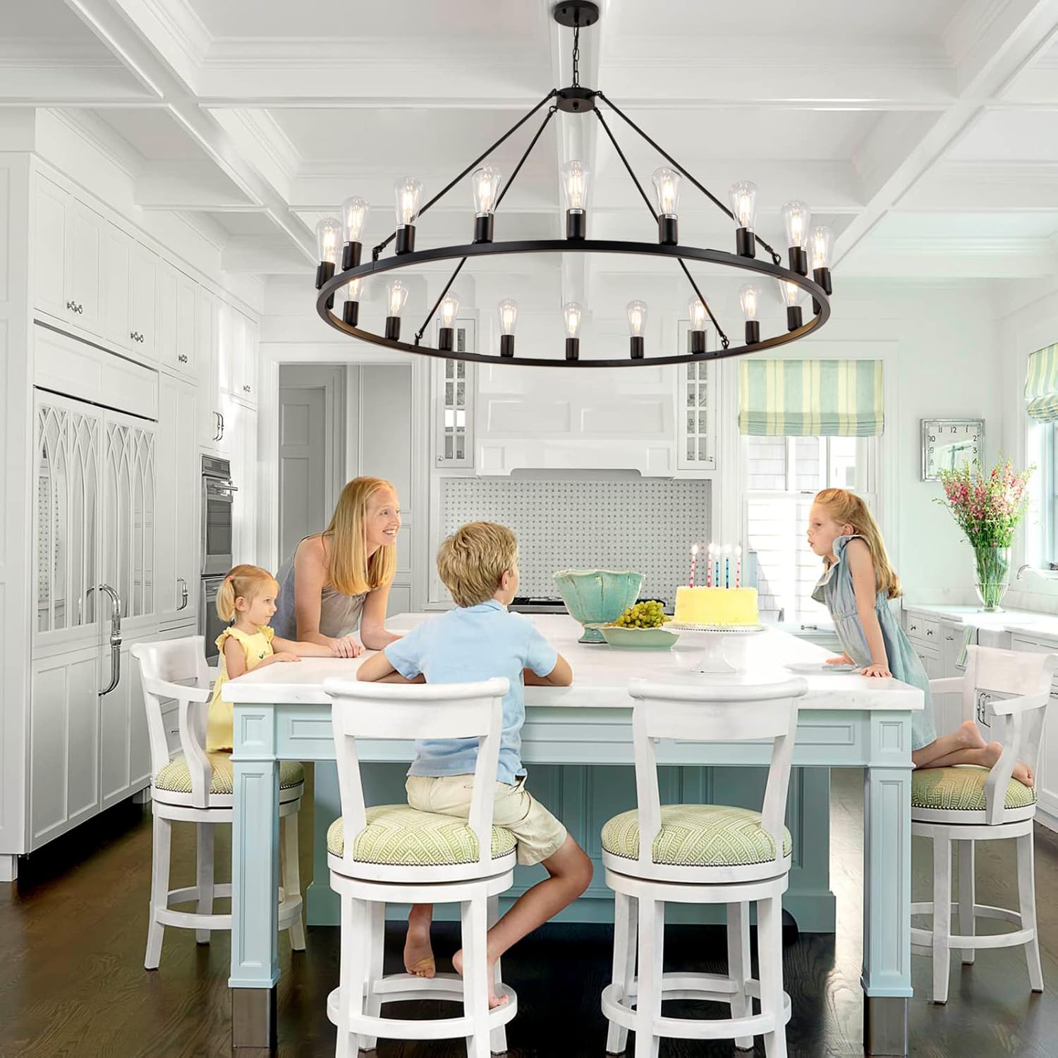 48” 20-Light Extra Large Wagon Wheel Chandelier, Round Black Rustic Farmhouse Chandelier Light Fixture for High Ceiling Living Room Dining Room Stairs Foyer- Adjustable Height Metal E26