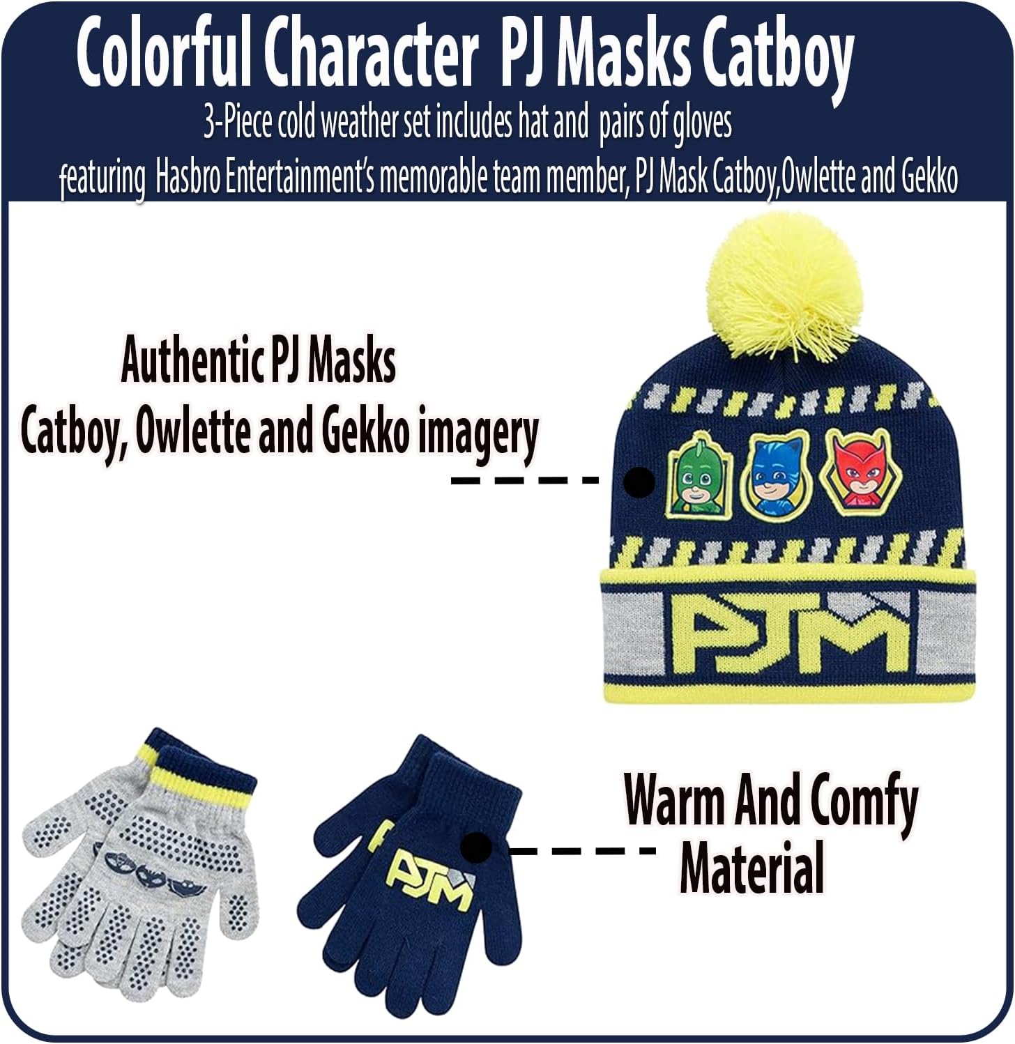 PJ Masks Winter Hat and 2 Pair of Gloves or Mittens Set (Age 2-7) Size Age 4-7, Neon Gloves with Handwarmers - Image 5