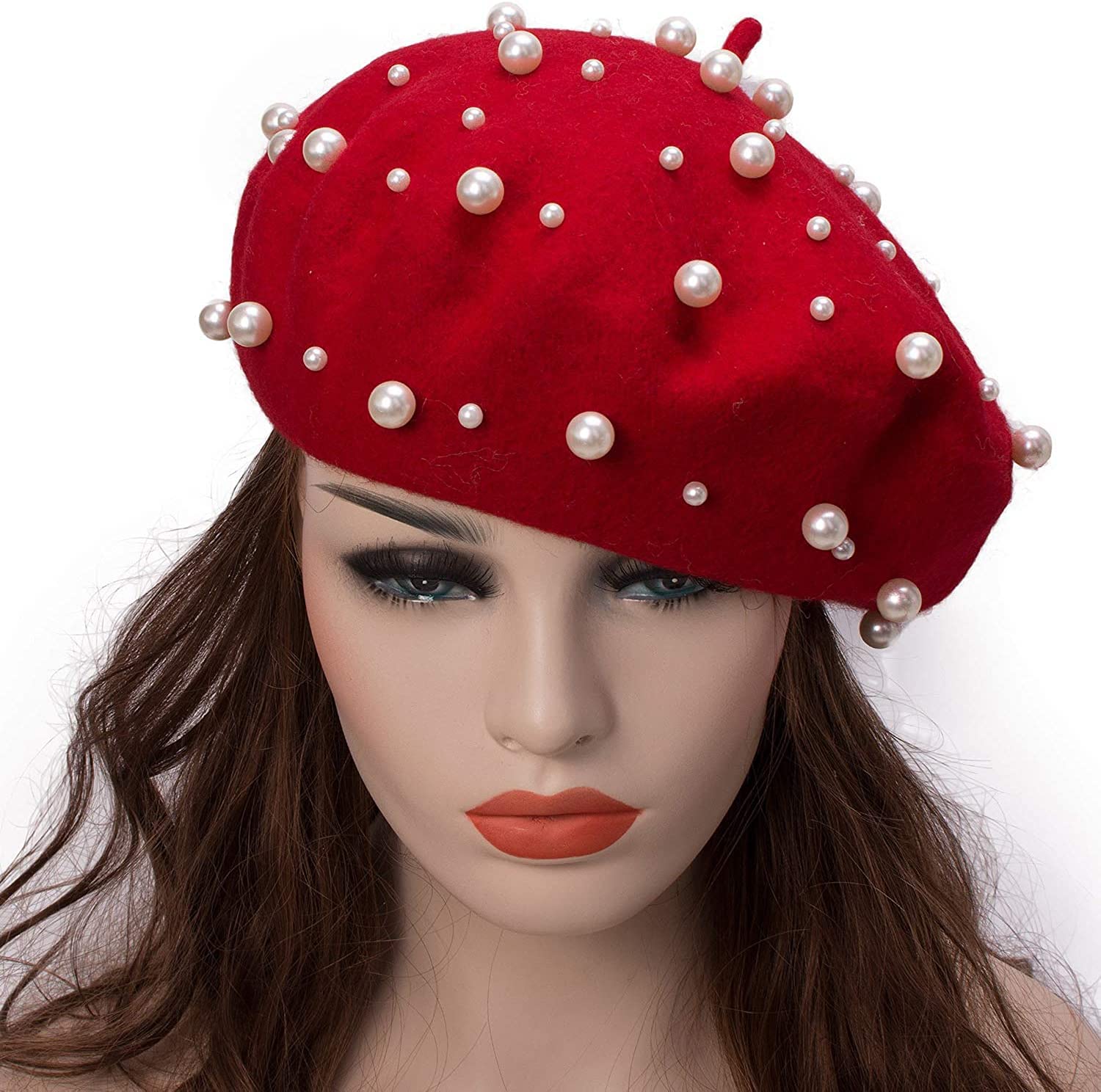 JOIZPAPA Women's Wool Berets Winter Hat Knitted French Style Pearl Beaded Beret Cap Beanie Hat