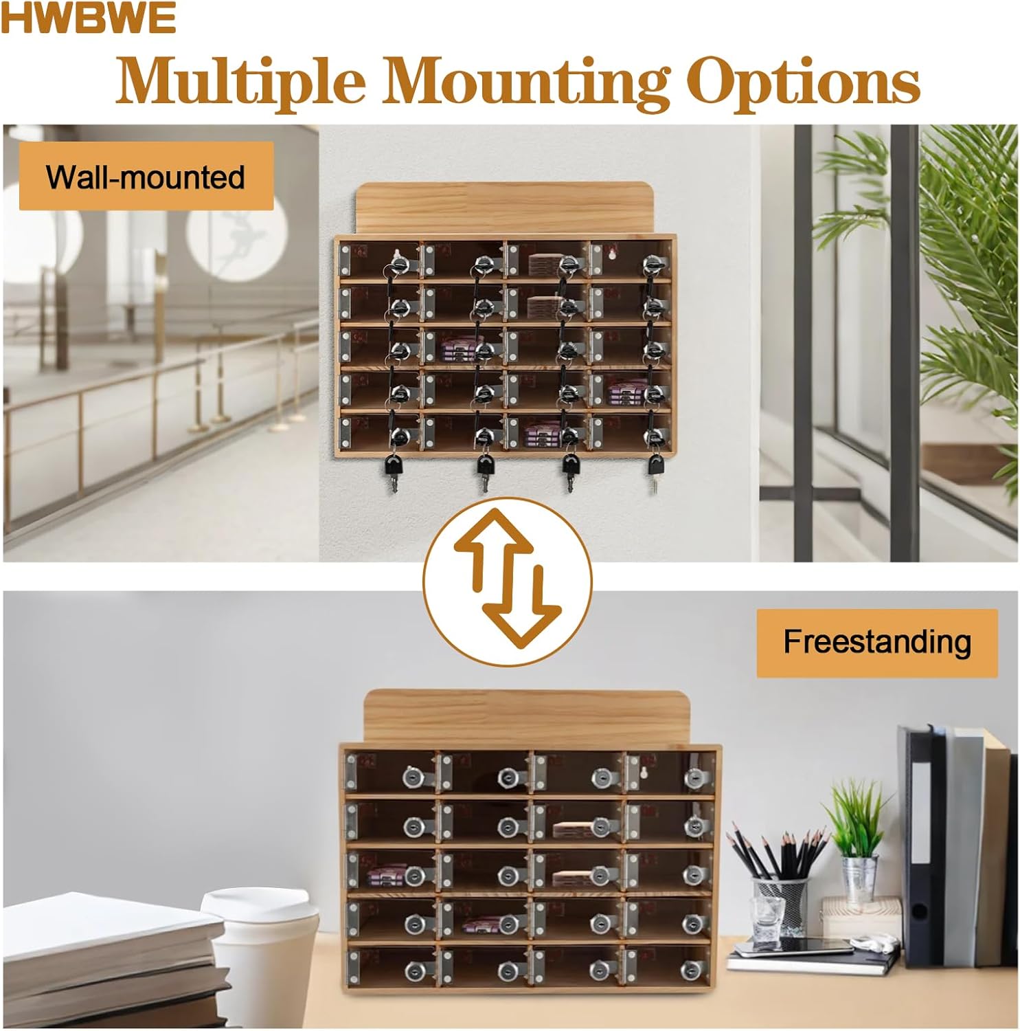 Cell Phone Storage Locker, 20 Slots Acrylic Material with Door Locks and Keys, Wall-Mounted Cabinet Pocket Office Classroom Gym Box, Clear
